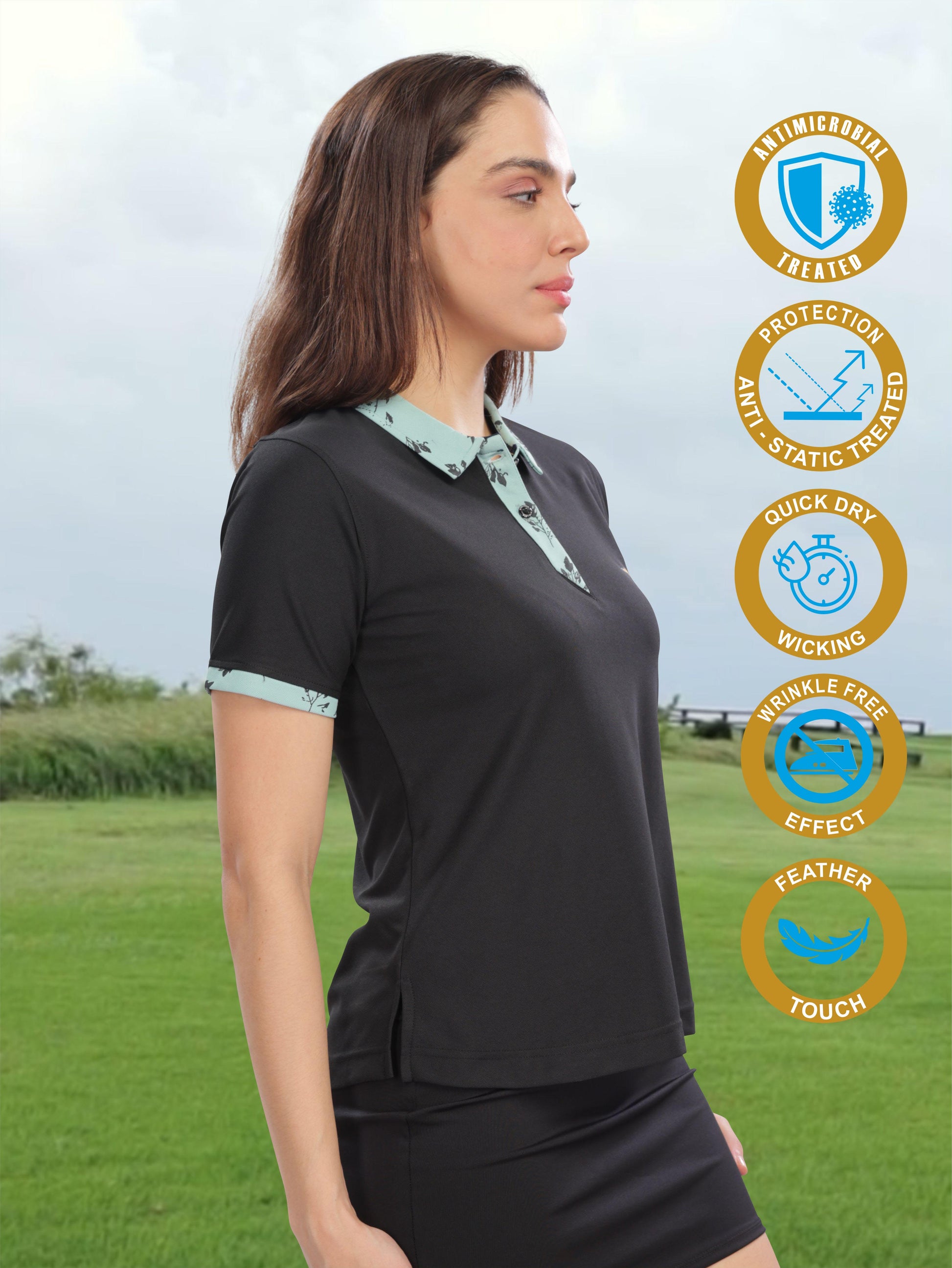 Black Women's Jacquard Polo Collar T Shirt