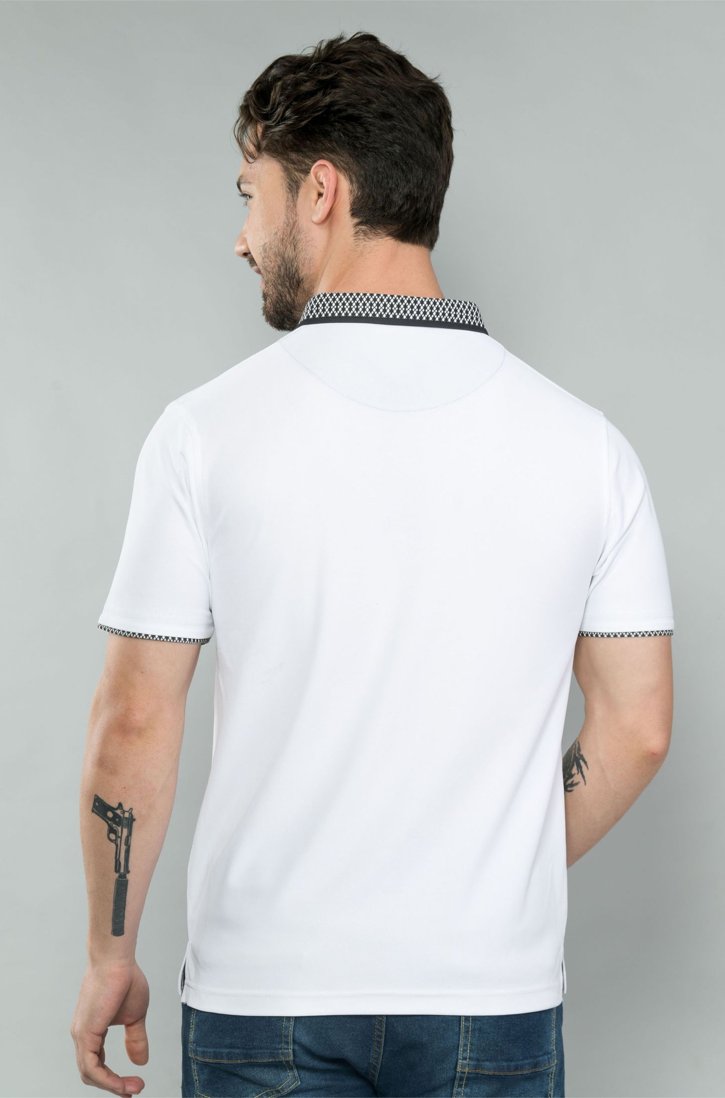 White Men's Jacquard Collar Polo T-Shirt | Quick Dry | Stretchable | UV Protected | Wrinkle & Odour-Free