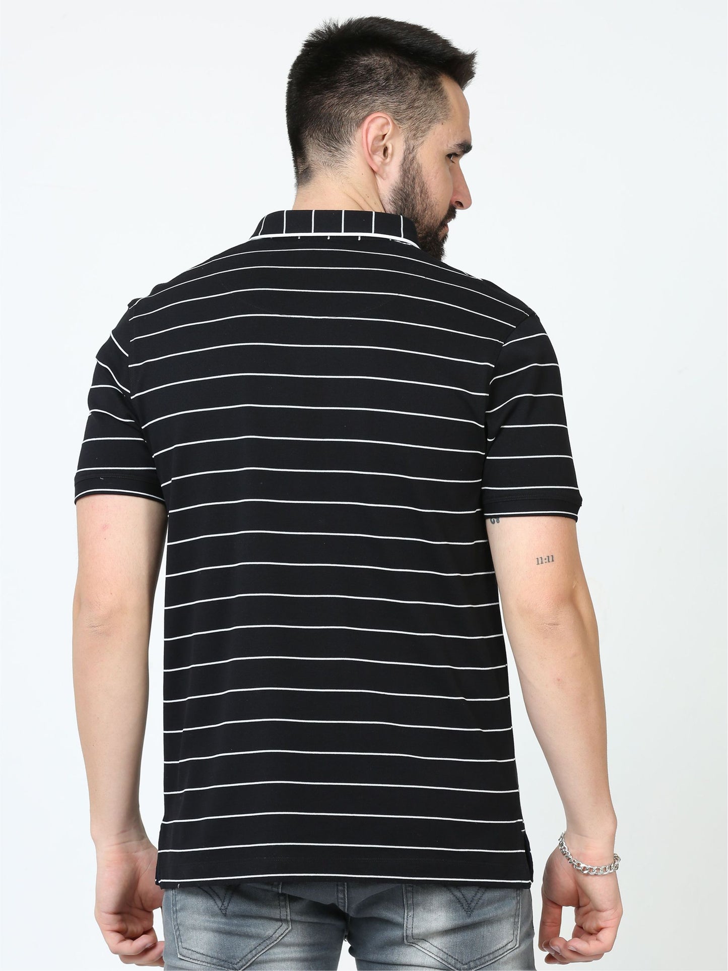 Black Striped Polo T Shirt for Men