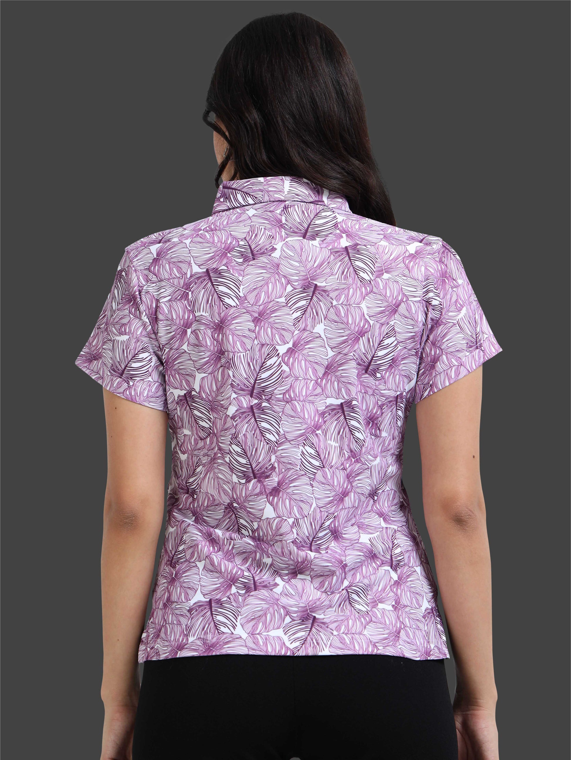 White Monstera Leaf Printed Polo T Shirt for Women
