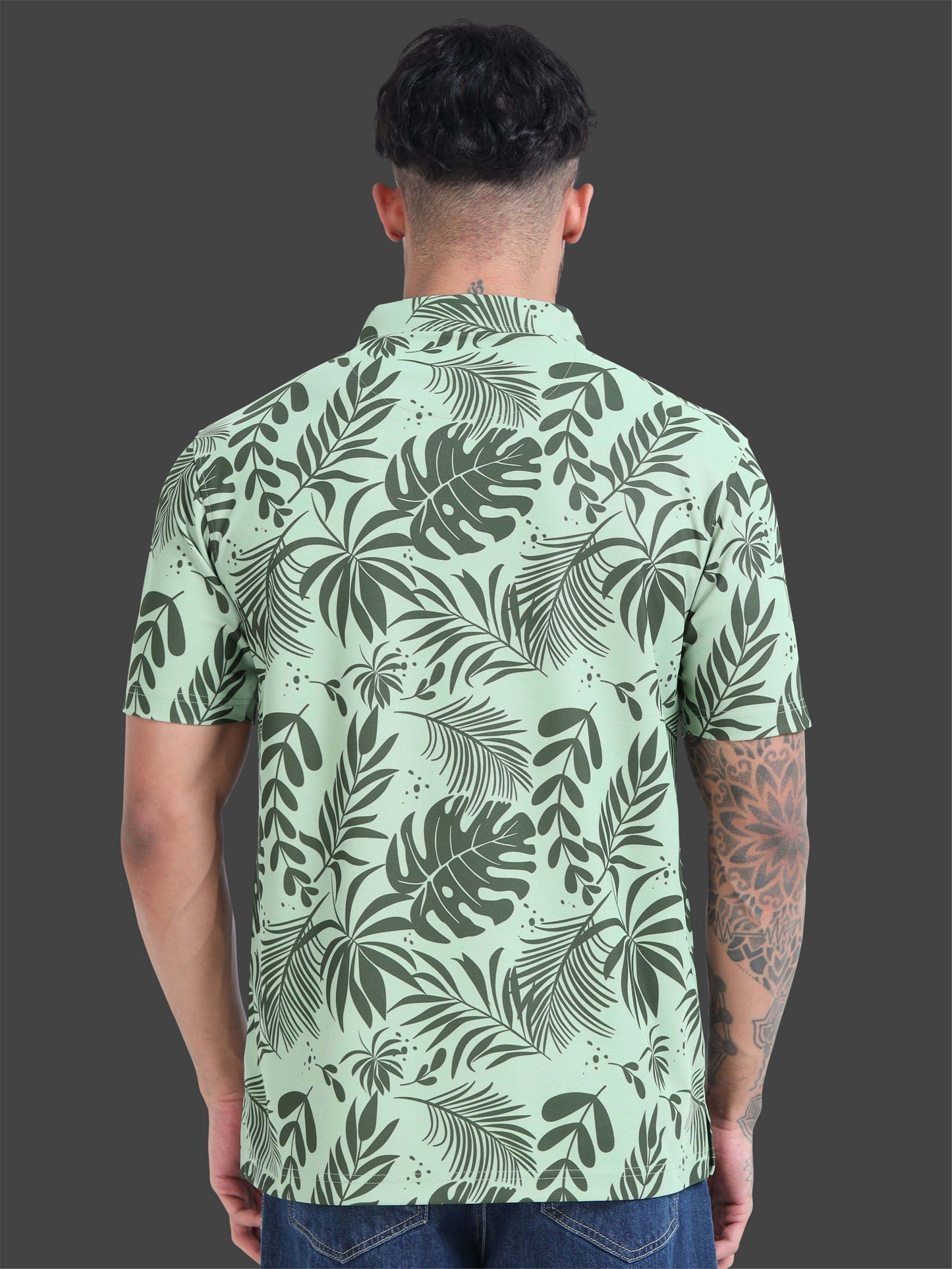 Green Leaf Printed Polo T Shirt for Men 