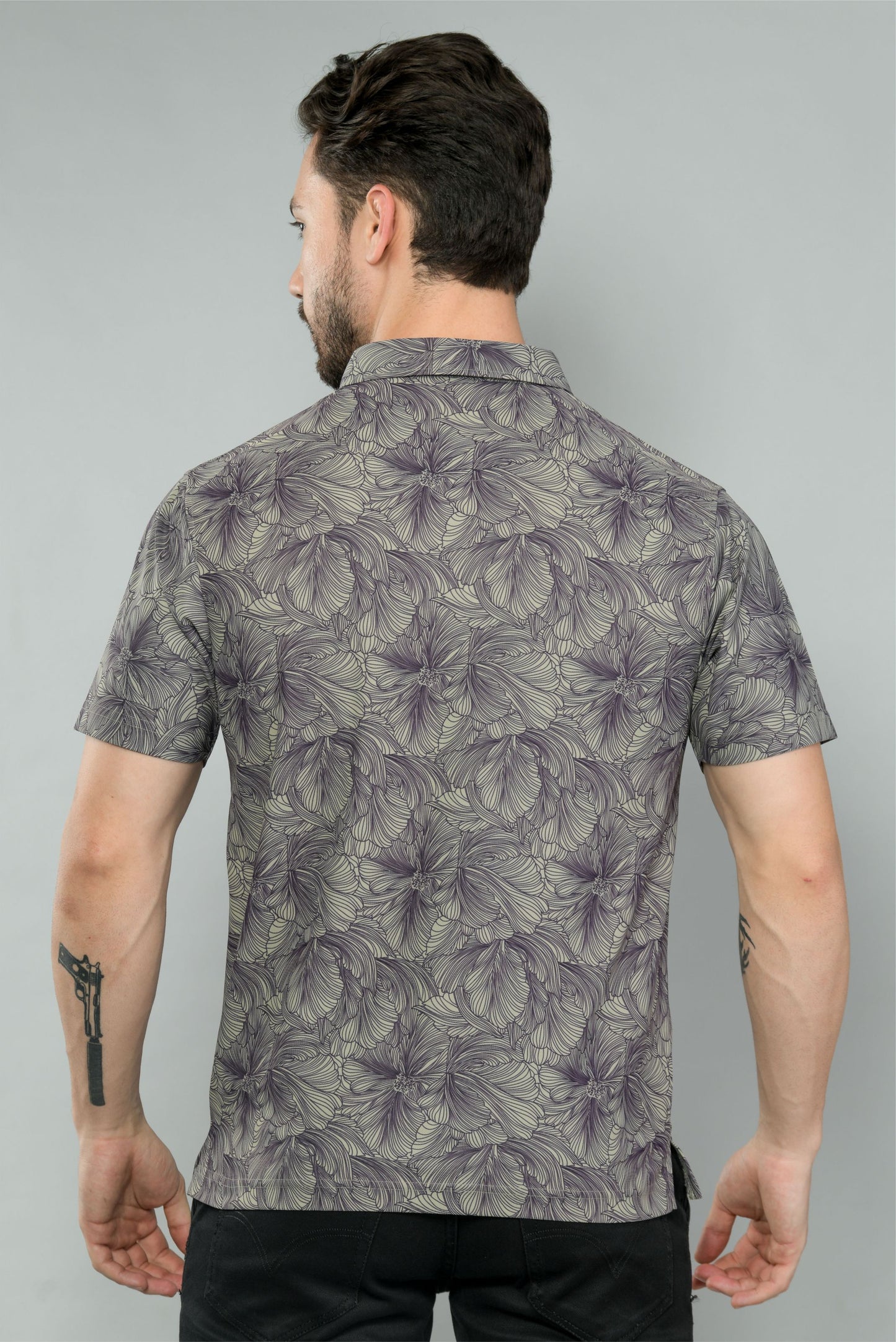 Moose Grey Men's Floral Print Golf Polo T-Shirts | Quick Dry | Stretchable | UV Protected | Wrinkle & Odour-Free