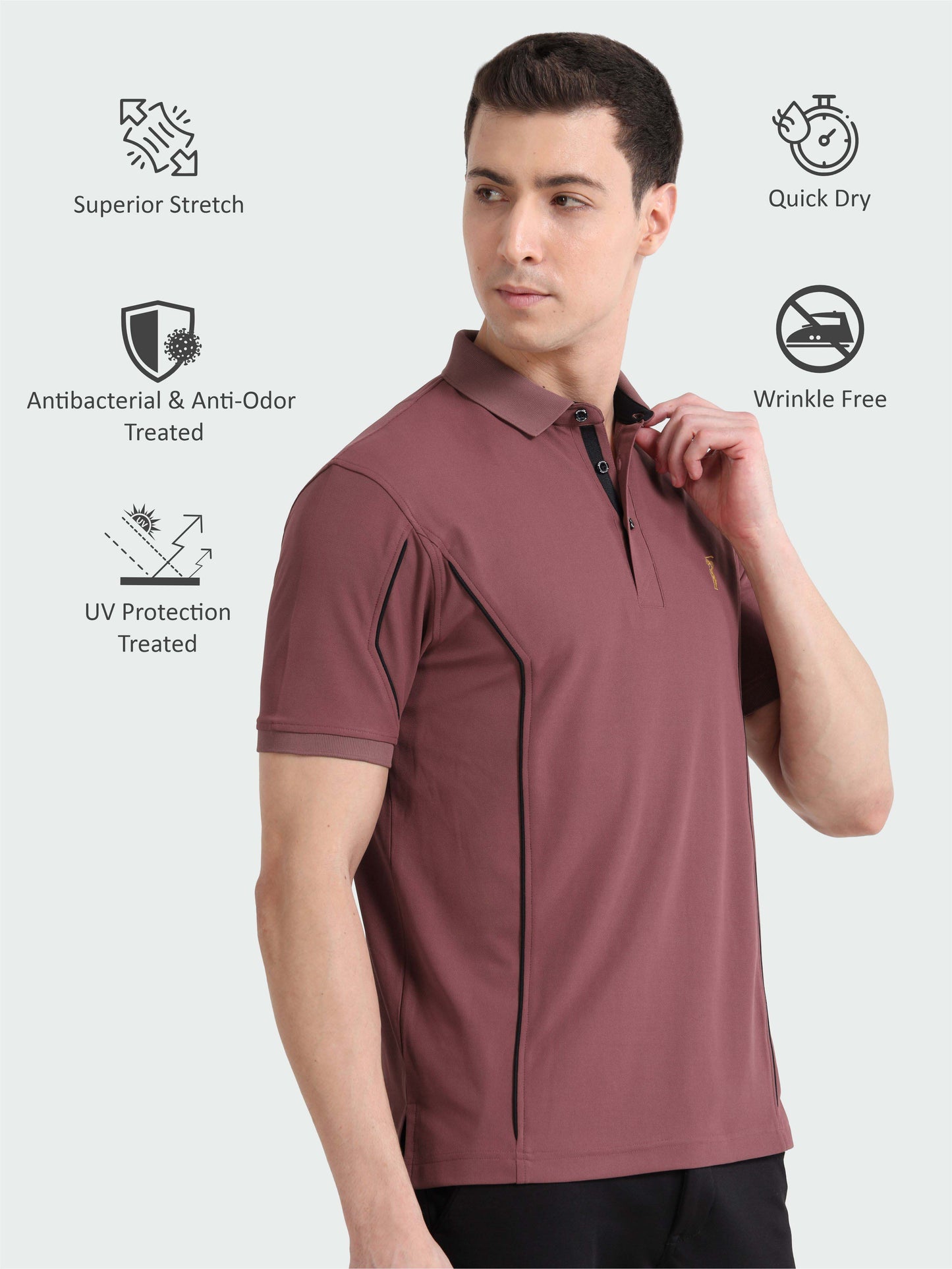 Mauve-Men's Piping Design Polo T-Shirt | Wrinkle-Free | Quick Dry | Stretchable |  Odour-Free | UV Protected