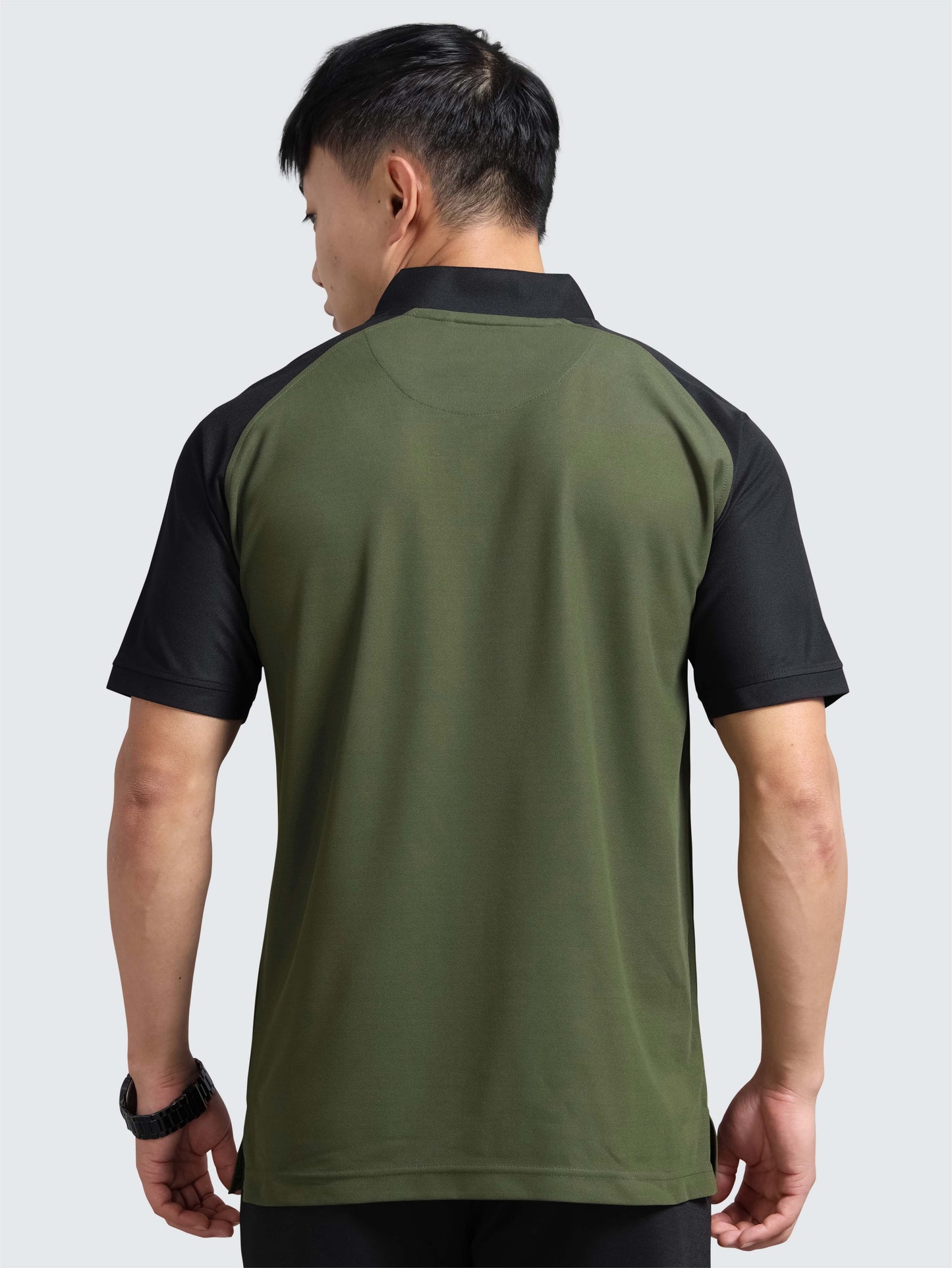 Men’s Olive Green Chinese Collar Polo T-shirt – Raglan Sleeves | Wrinkle-Free | Quick Dry |  Odour-Free | Stretchable | UV Protected