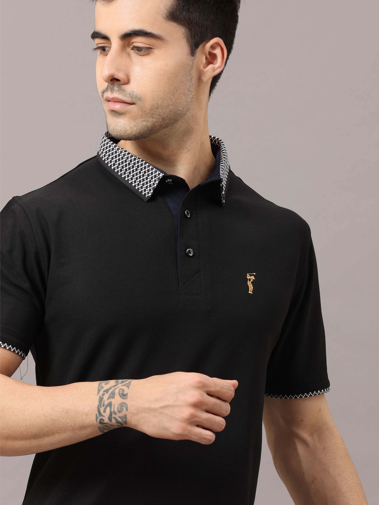 Black Men's Jacquard Collar Polo T-Shirt | Quick Dry | Stretchable | UV Protected | Wrinkle & Odour-Free