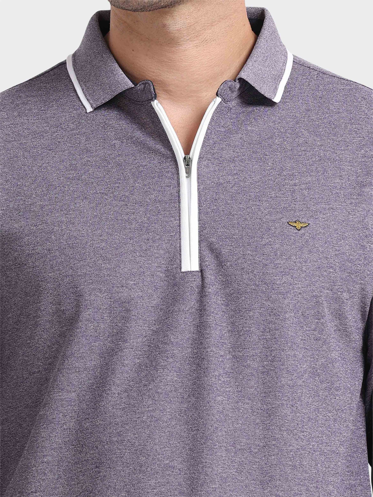 Purple Melange Zipper Full Sleeve Polo Tshirt For Men