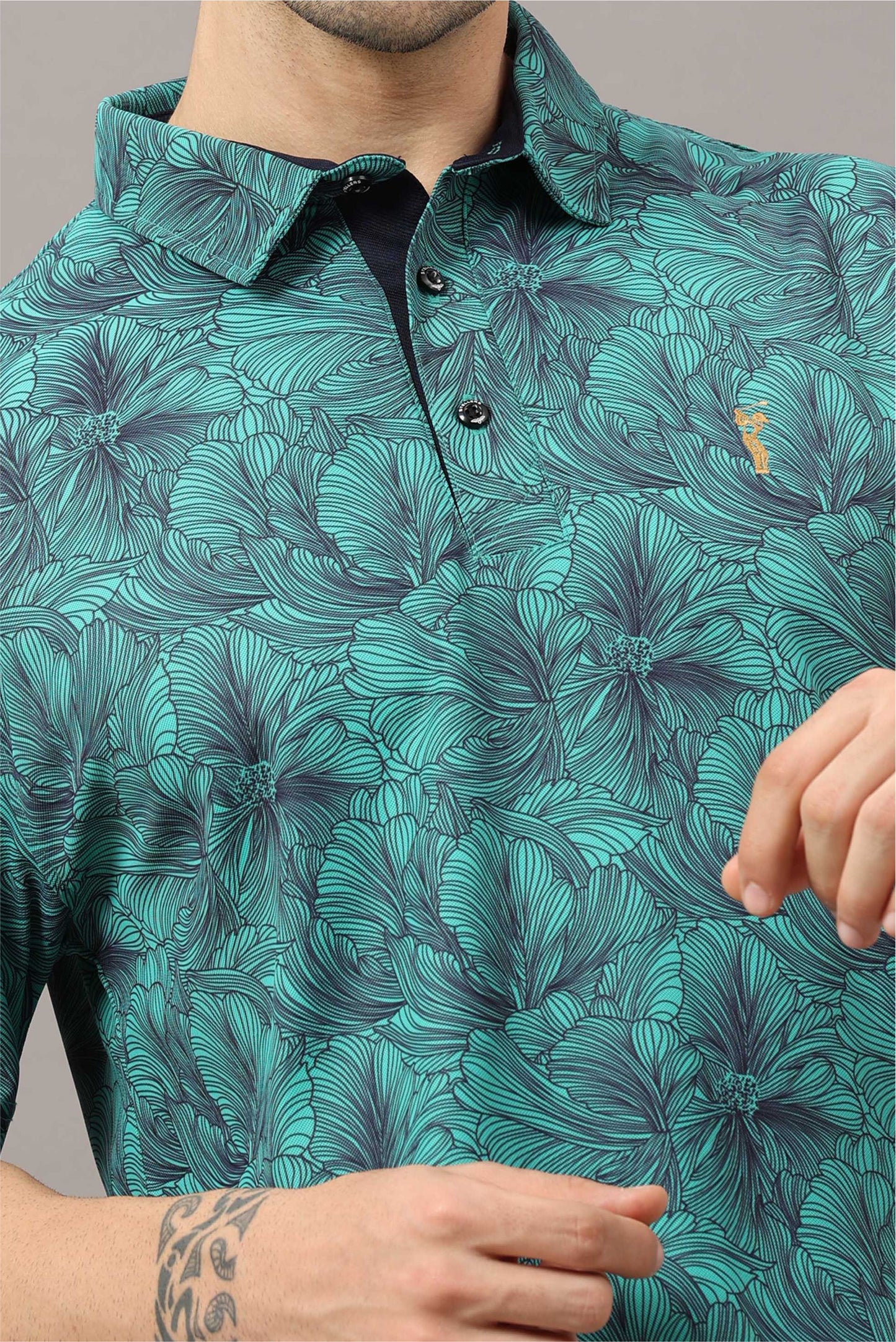 Siemens Green Men's Floral Print Golf Polo T-Shirts | Quick Dry | Stretchable | UV Protected | Wrinkle & Odour-Free