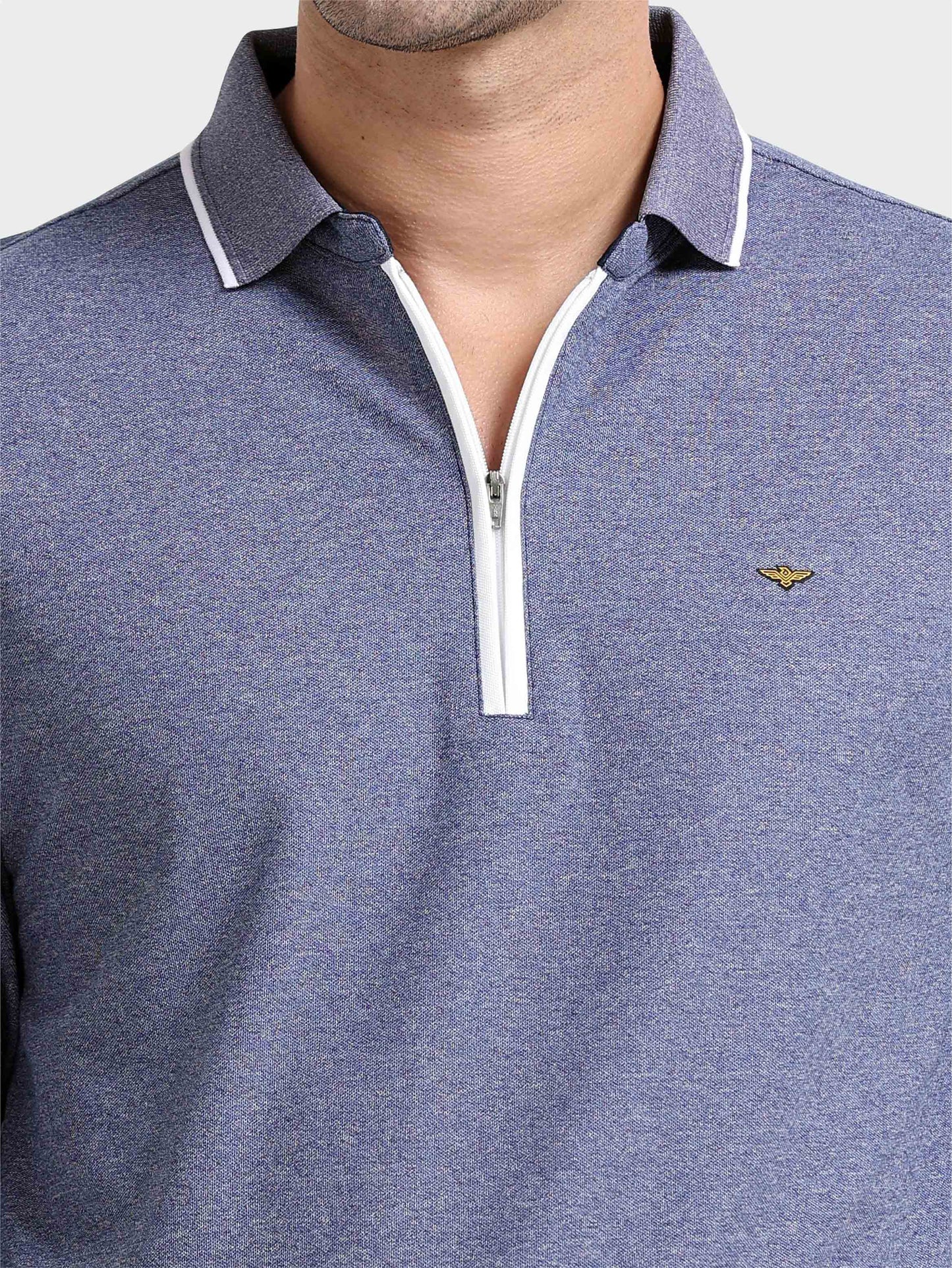Navy Blue Melange Zipper Full Sleeve Polo Tshirt For Men