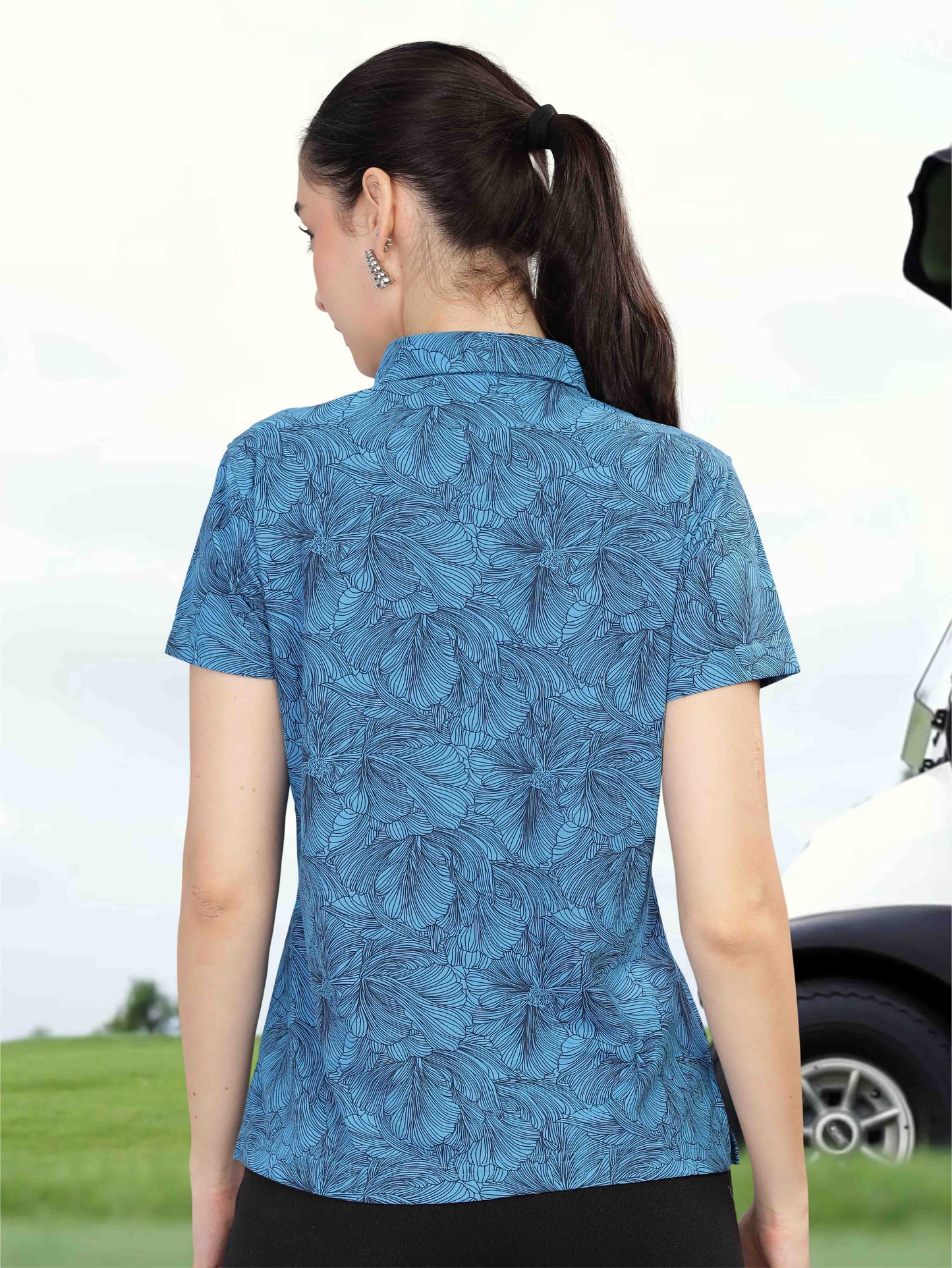 Dell Blue Women's Printed Polo T Shirt 