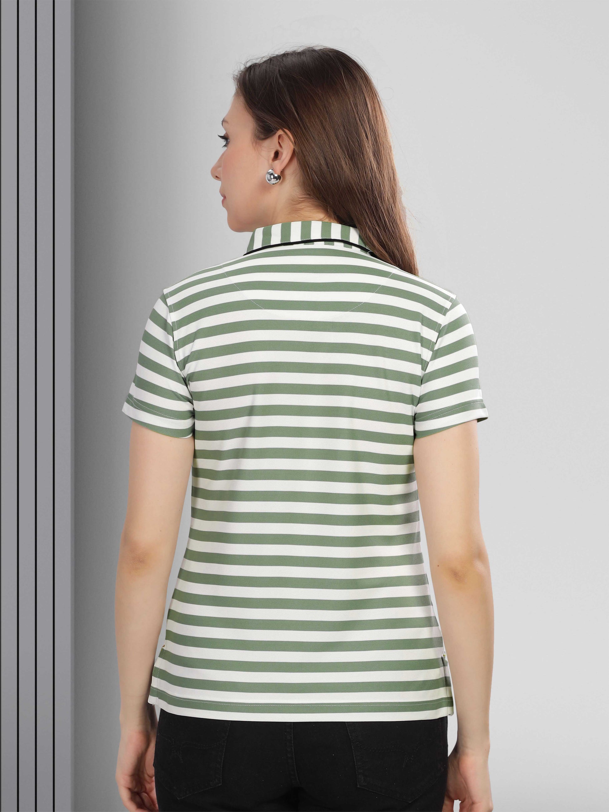 Green Women's Stripes Polo T Shirt