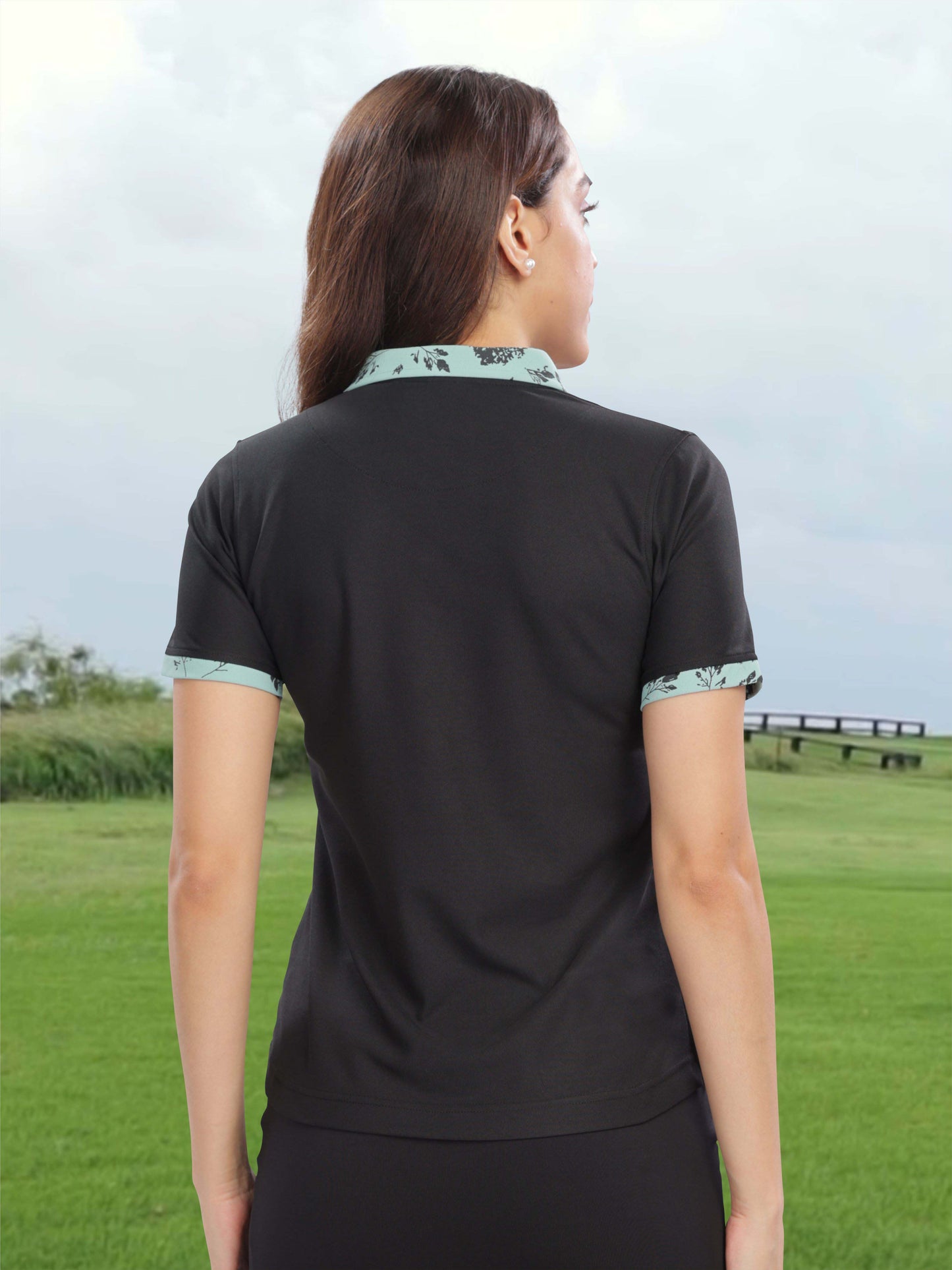 Black Women's Jacquard Polo Collar T Shirt