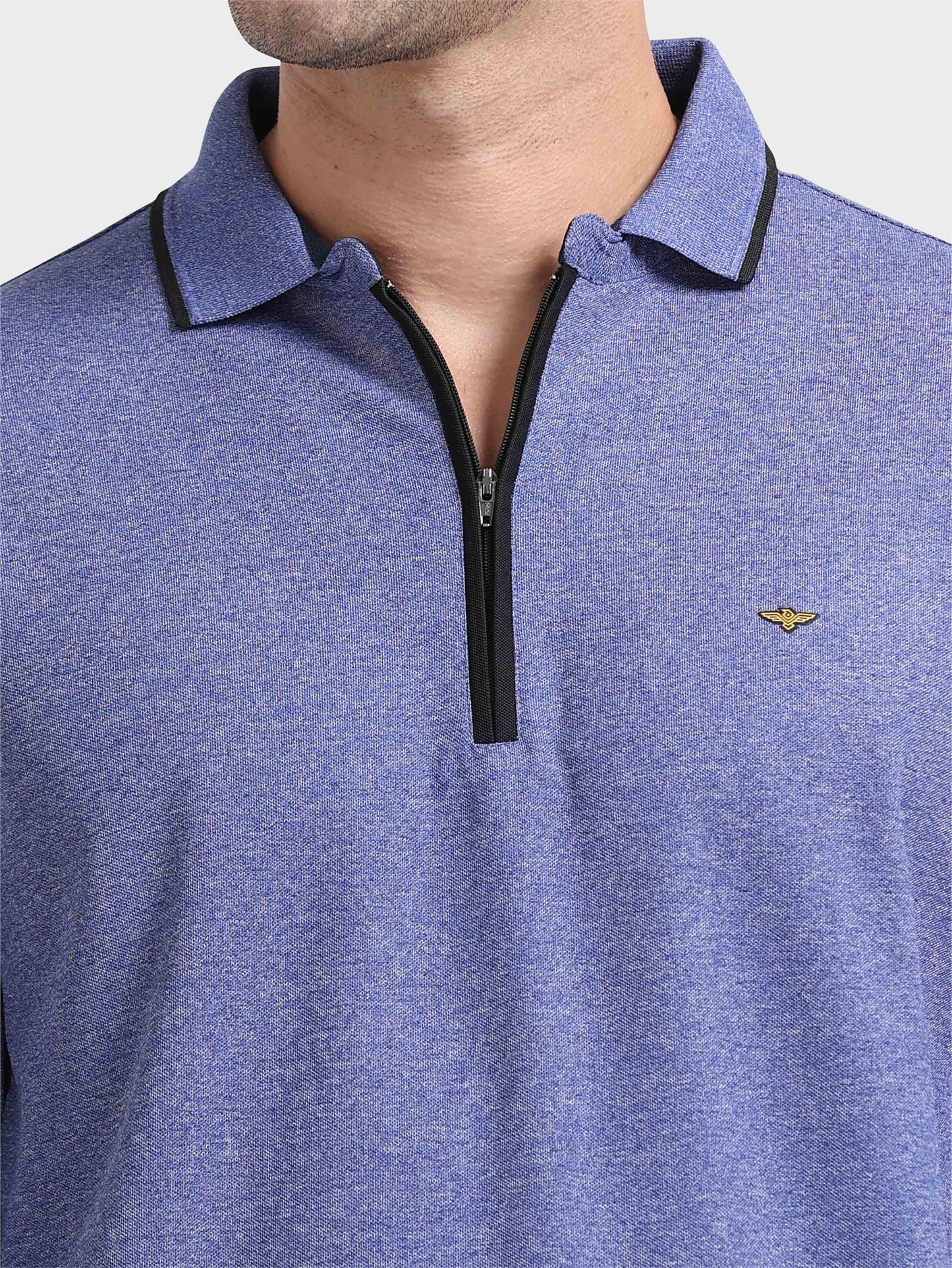 Blue Melange Zipper Full Sleeve Polo Tshirt For Men