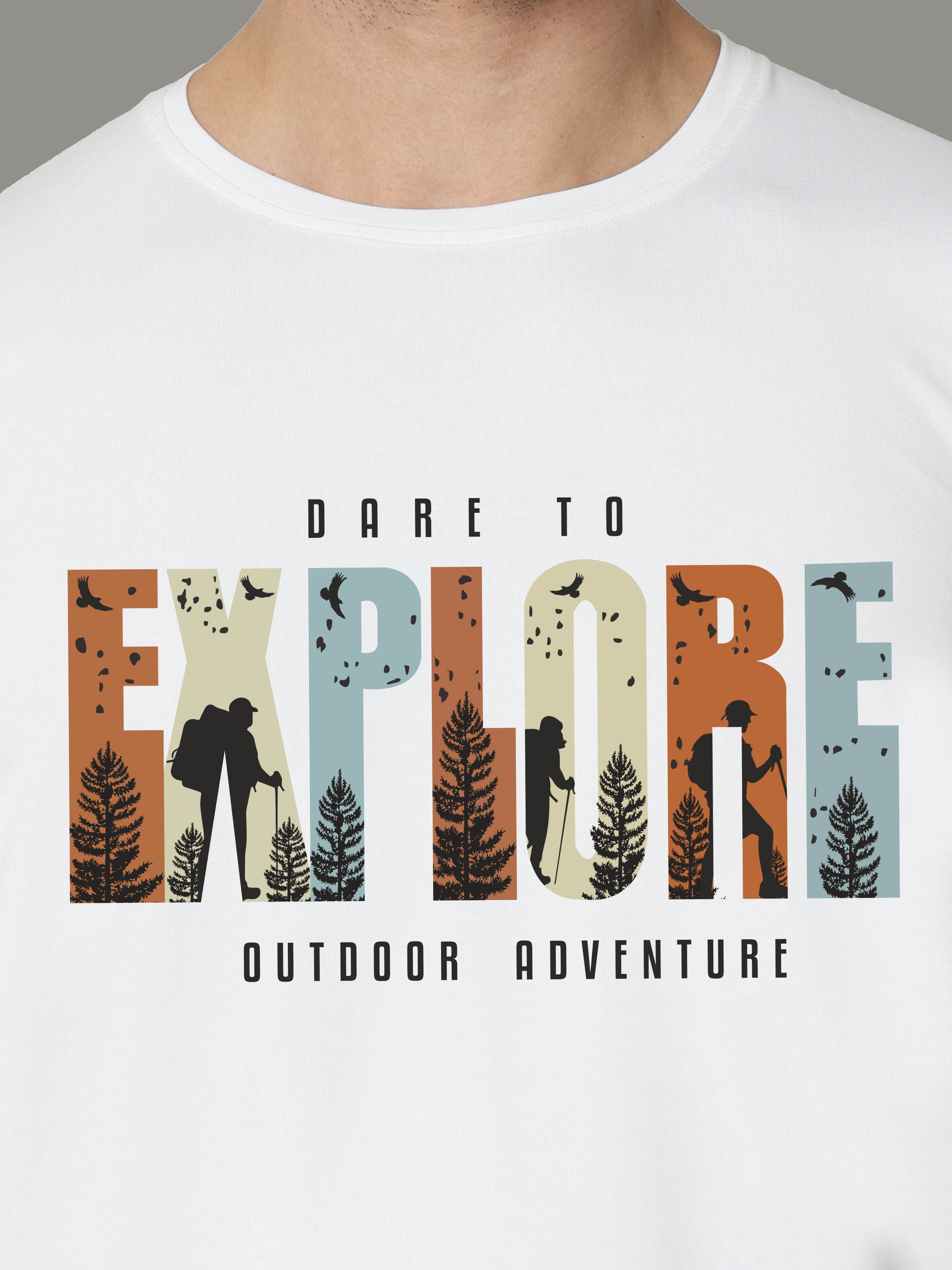 White "EXPLORE" Print Men’s Crew Neck T Shirt