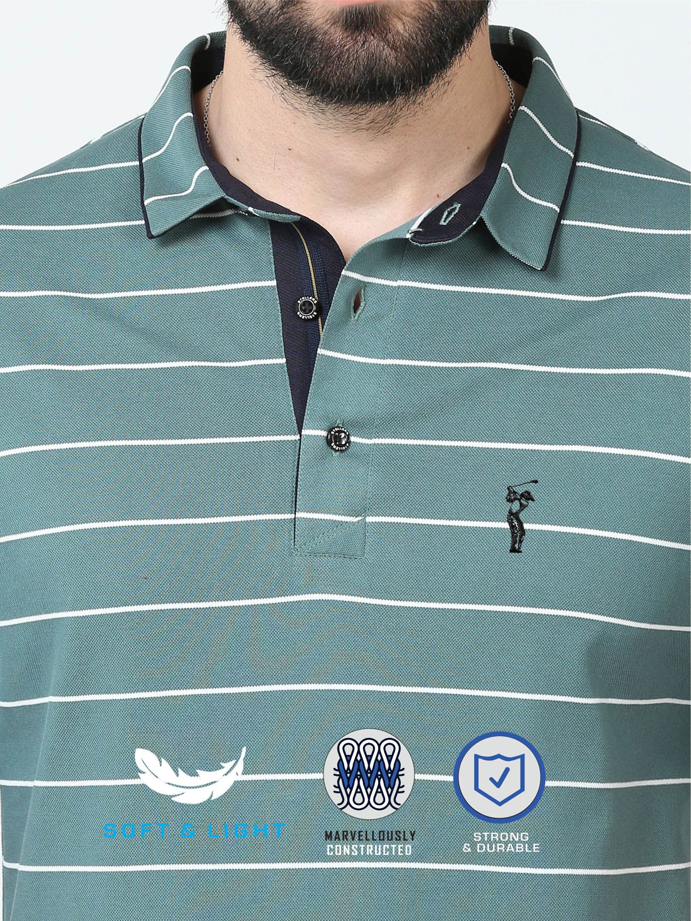 Teal Blue Striped Polo T Shirt for Men
