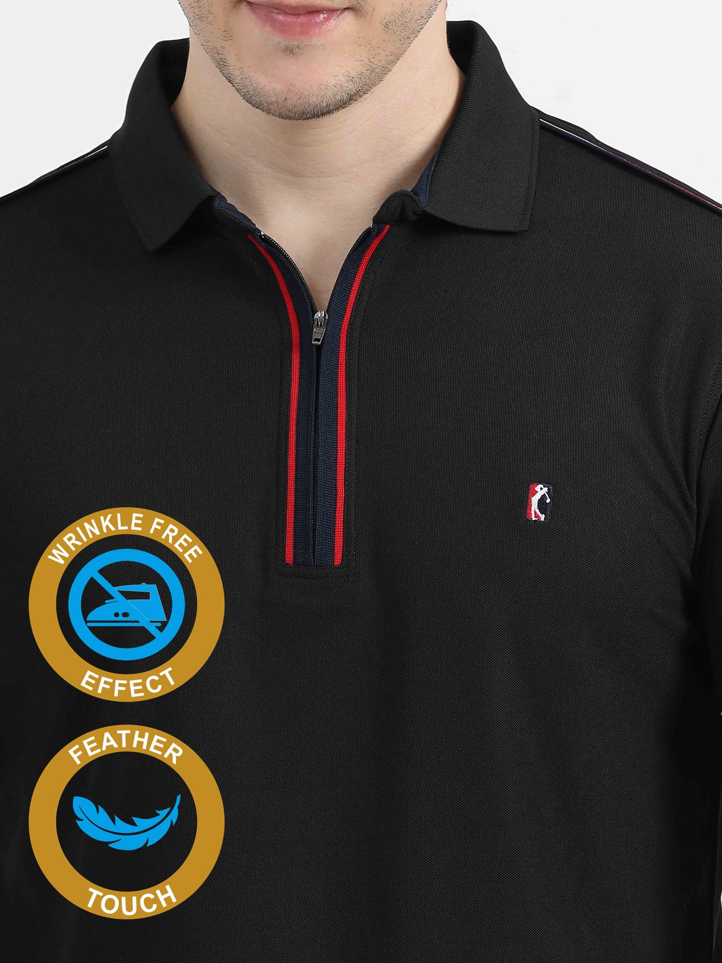 Black Men's Zipper Placket Polo T-Shirt | Quick Dry | Stretchable | UV Protected | Wrinkle & Odour-Free