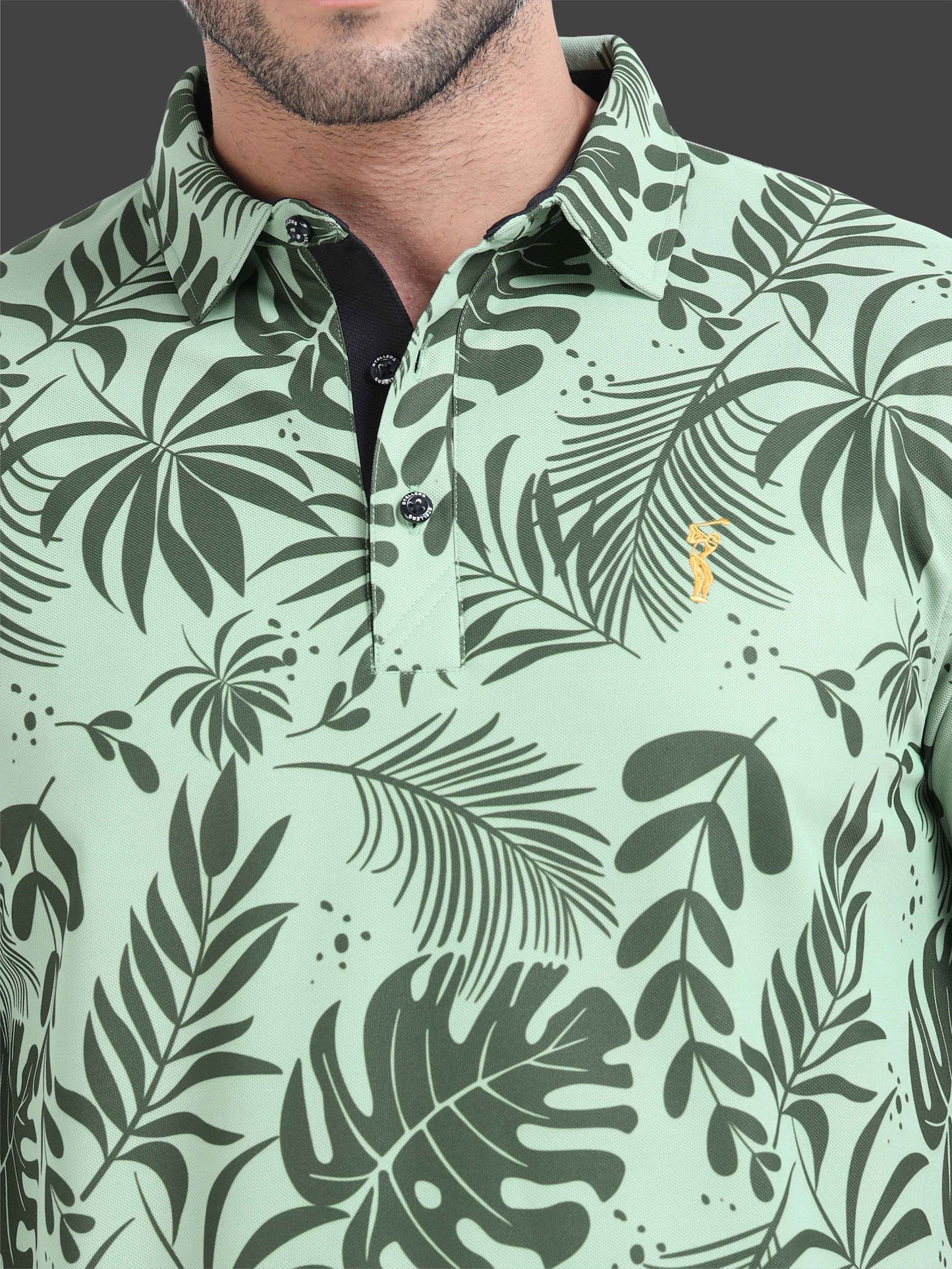 Green Leaf Printed Polo T Shirt for Men 