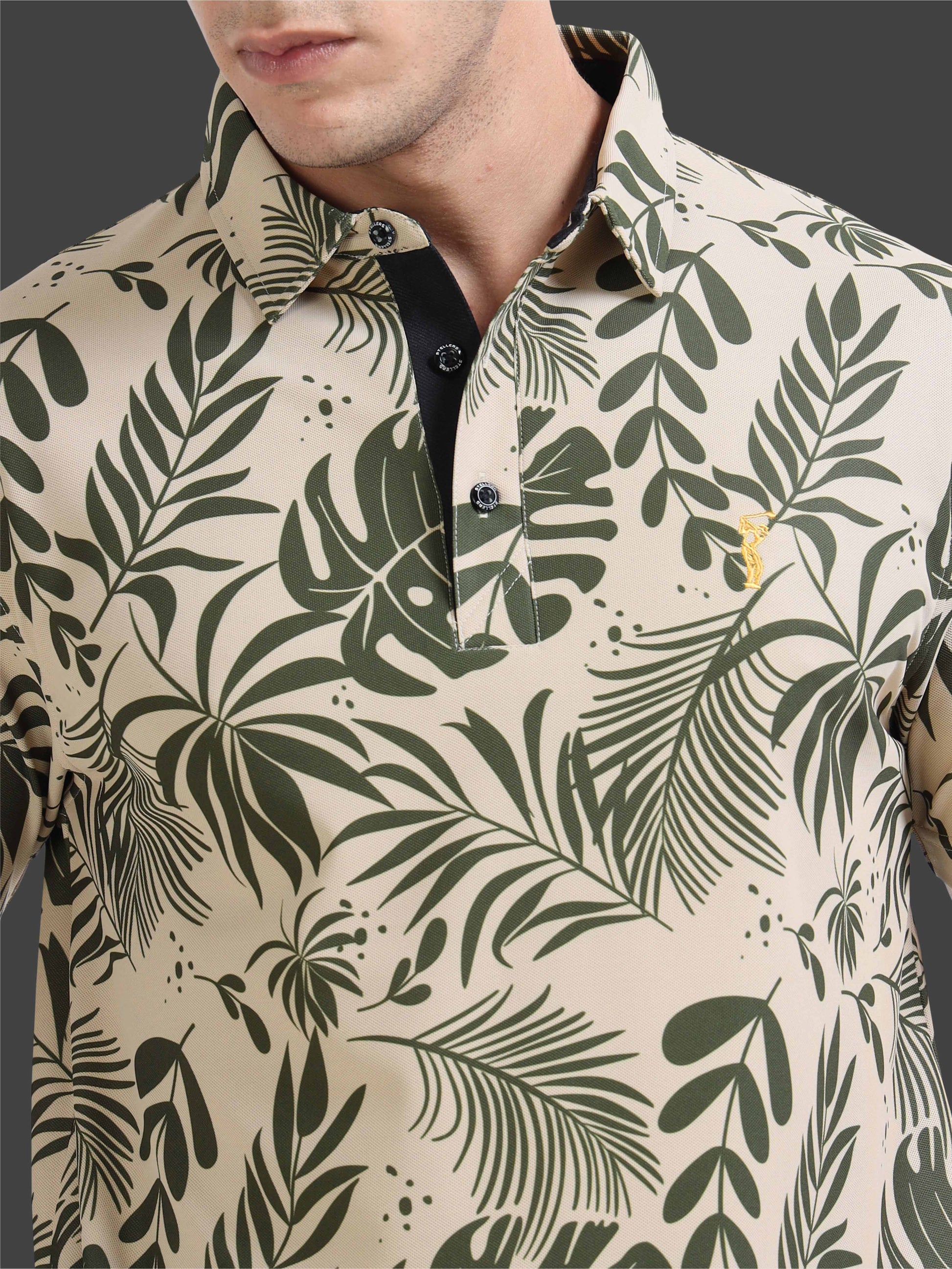Beige Leaf Printed Polo T Shirt for Men
