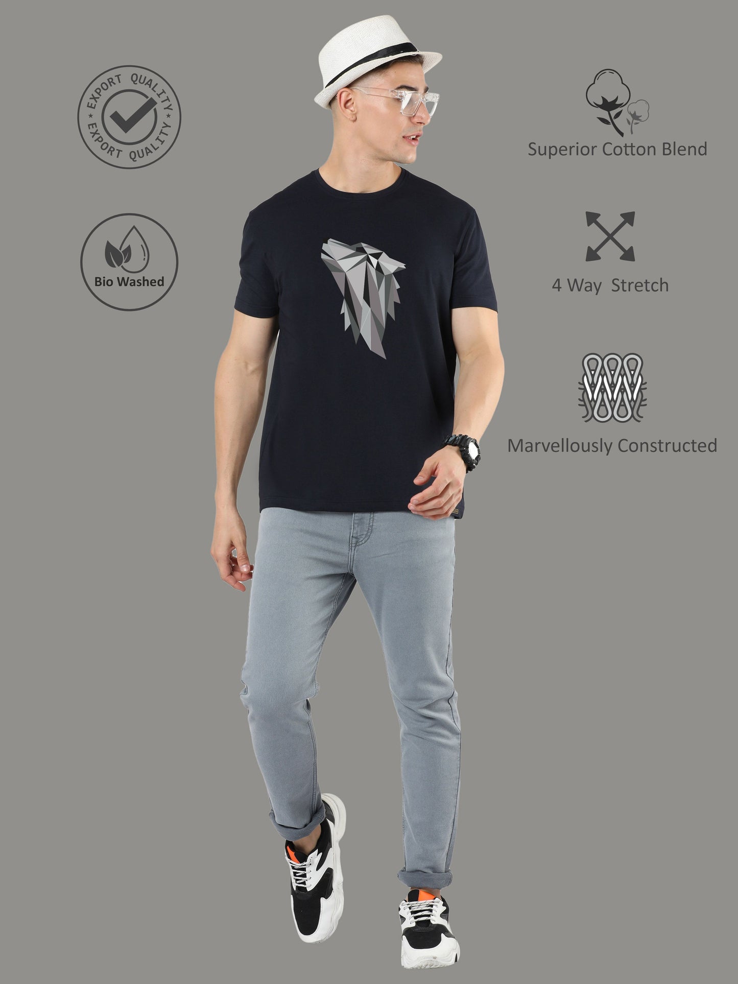 Black Men's Fox Print Crew Neck T-Shirts