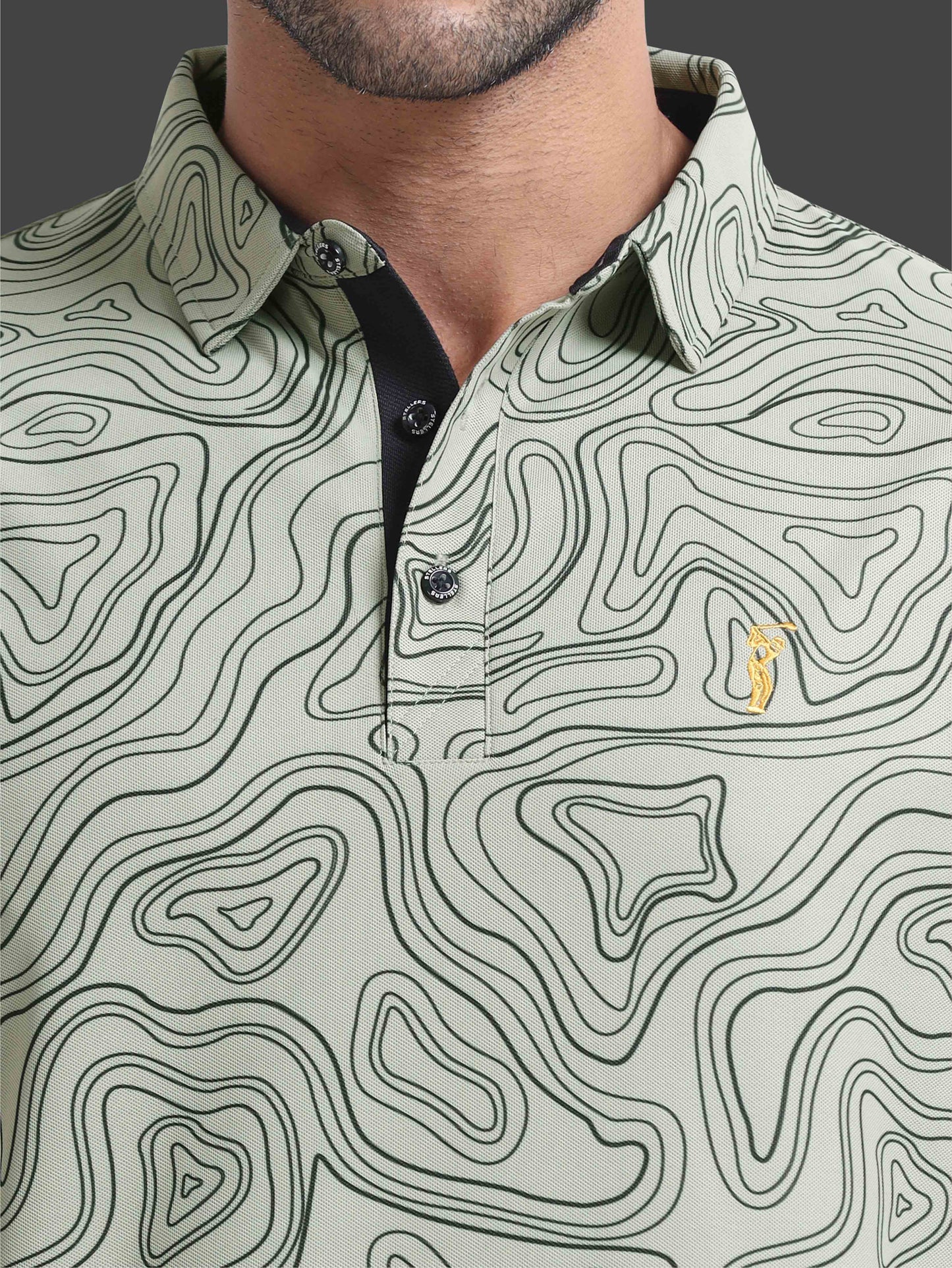 Moss Grey Printed Polo T Shirt for Men