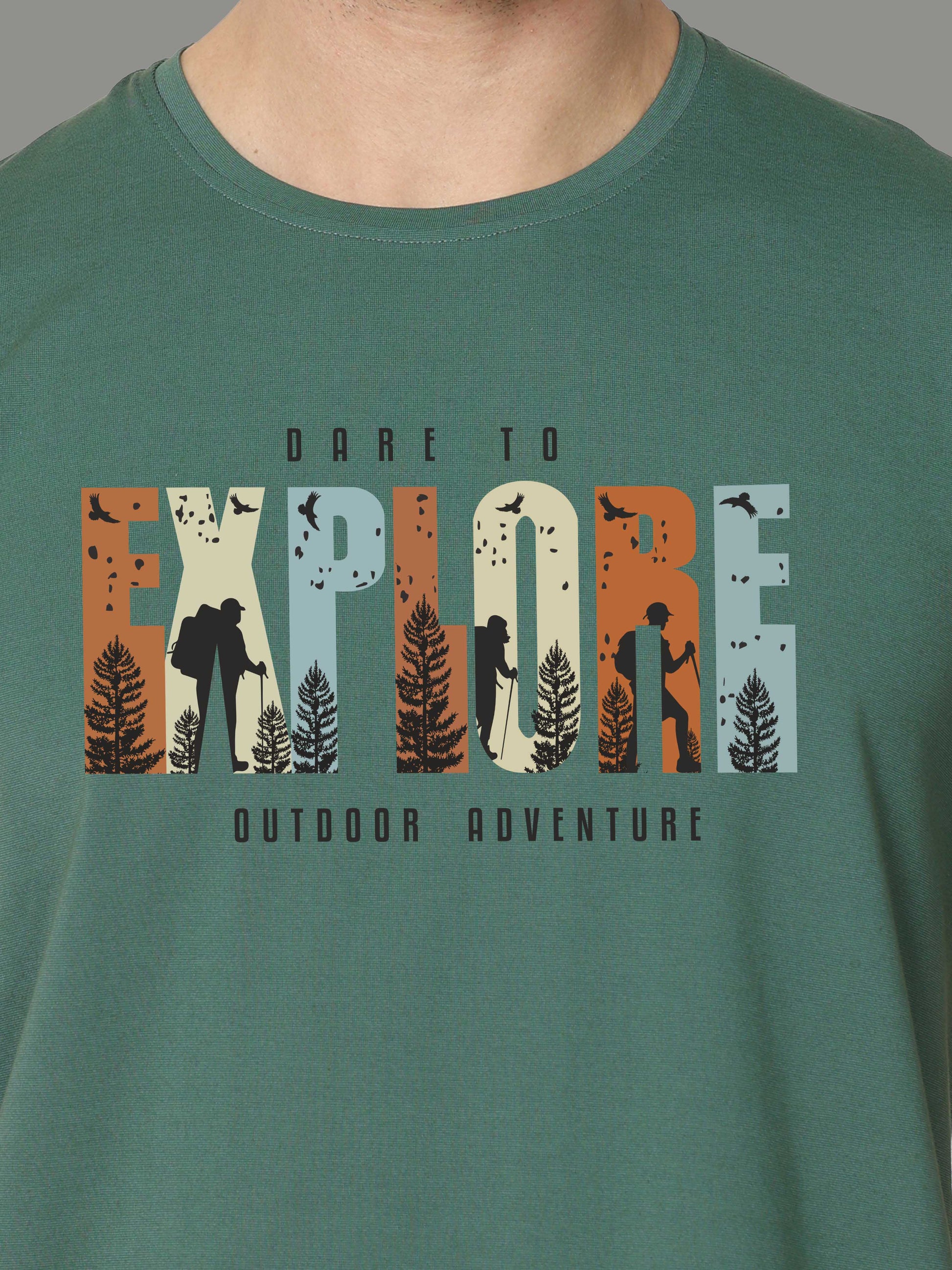 Aqua Green EXPLORE Print Men's Round Neck T Shirts