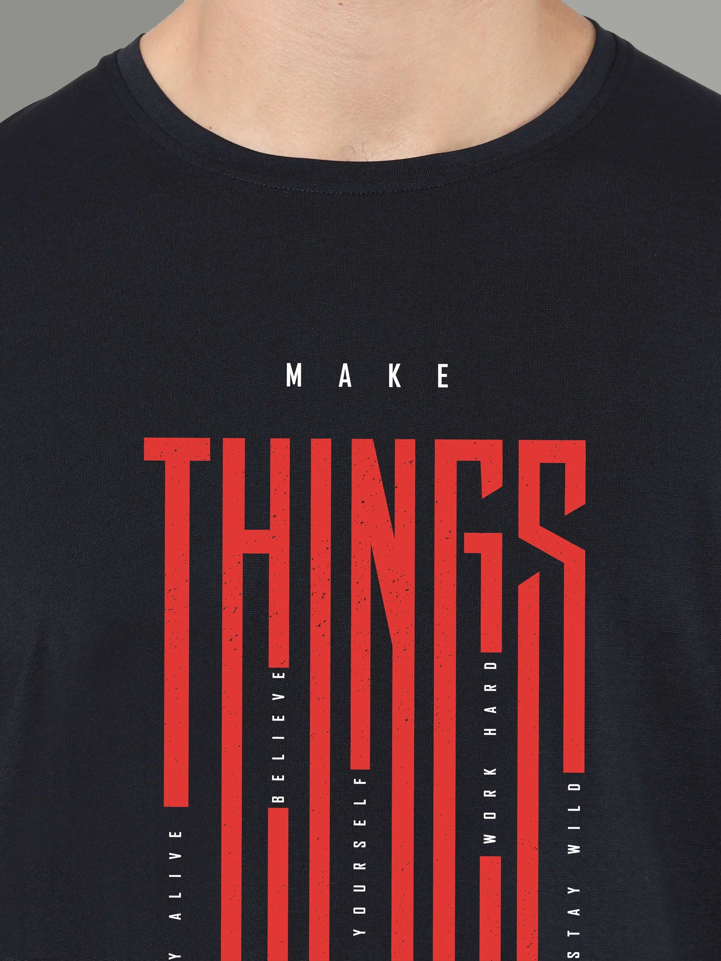 Black Mens Printed Round Neck T Shirts