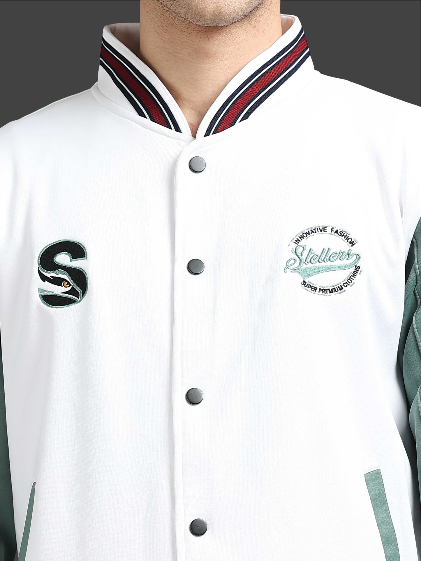 Men Varsity Jacket White & Green | Regular Fit | Feather Touch Feel | Warm |