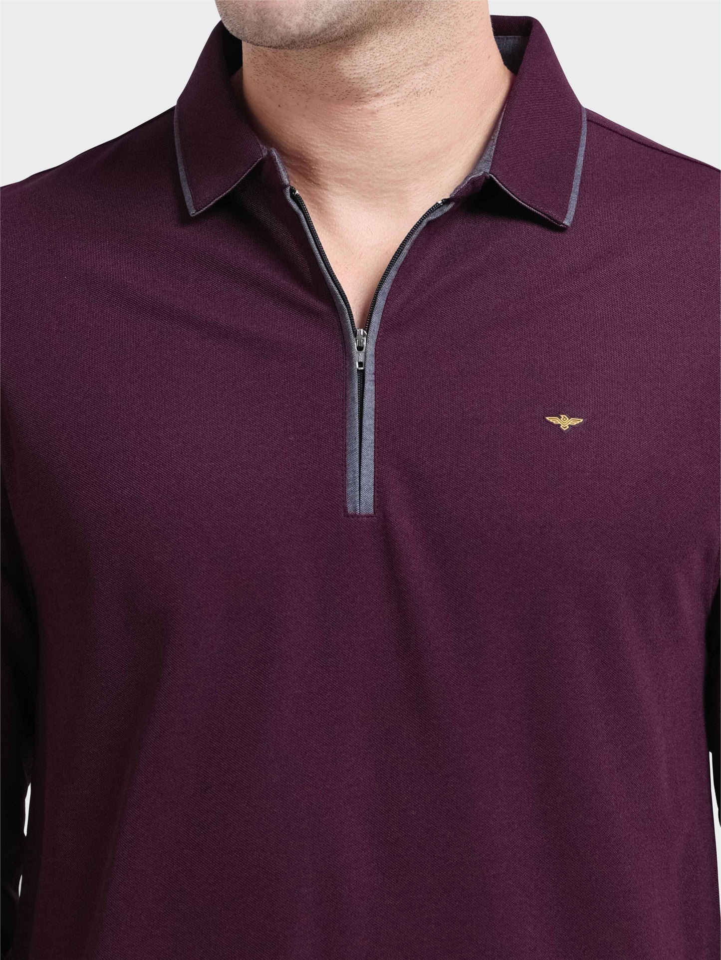 Raspberry Melange Zipper Full Sleeve Polo Tshirt For Men