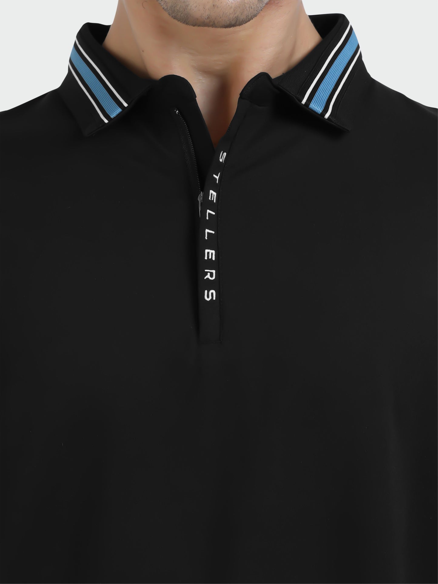 Black Mens Zipper Polo T-Shirt | Wrinkle-Free | Quick Dry |  Odour-Free | Stretchable | UV Protected