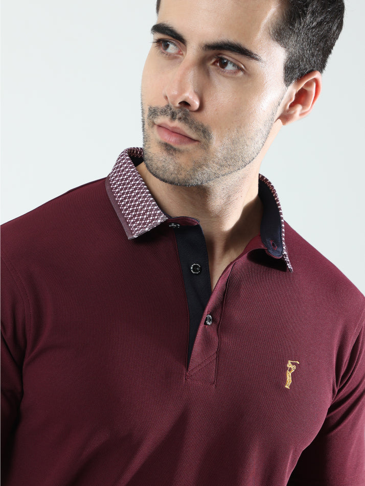 Wine Men's Jacquard Collar Polo T-Shirt | Quick Dry | Stretchable | UV Protected | Wrinkle & Odour-Free