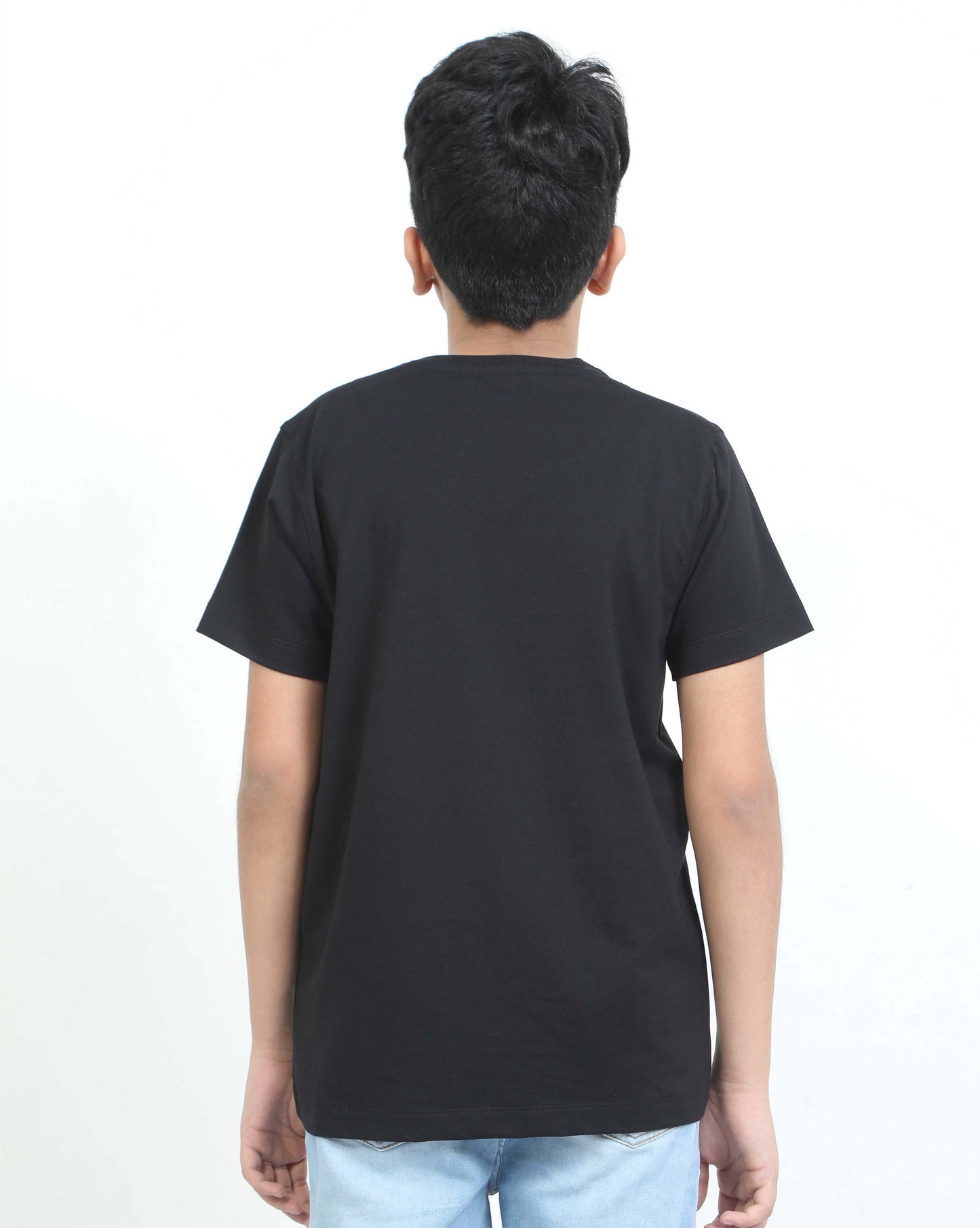 Cat Embroidery Boy's Crew Neck T-Shirt -Black