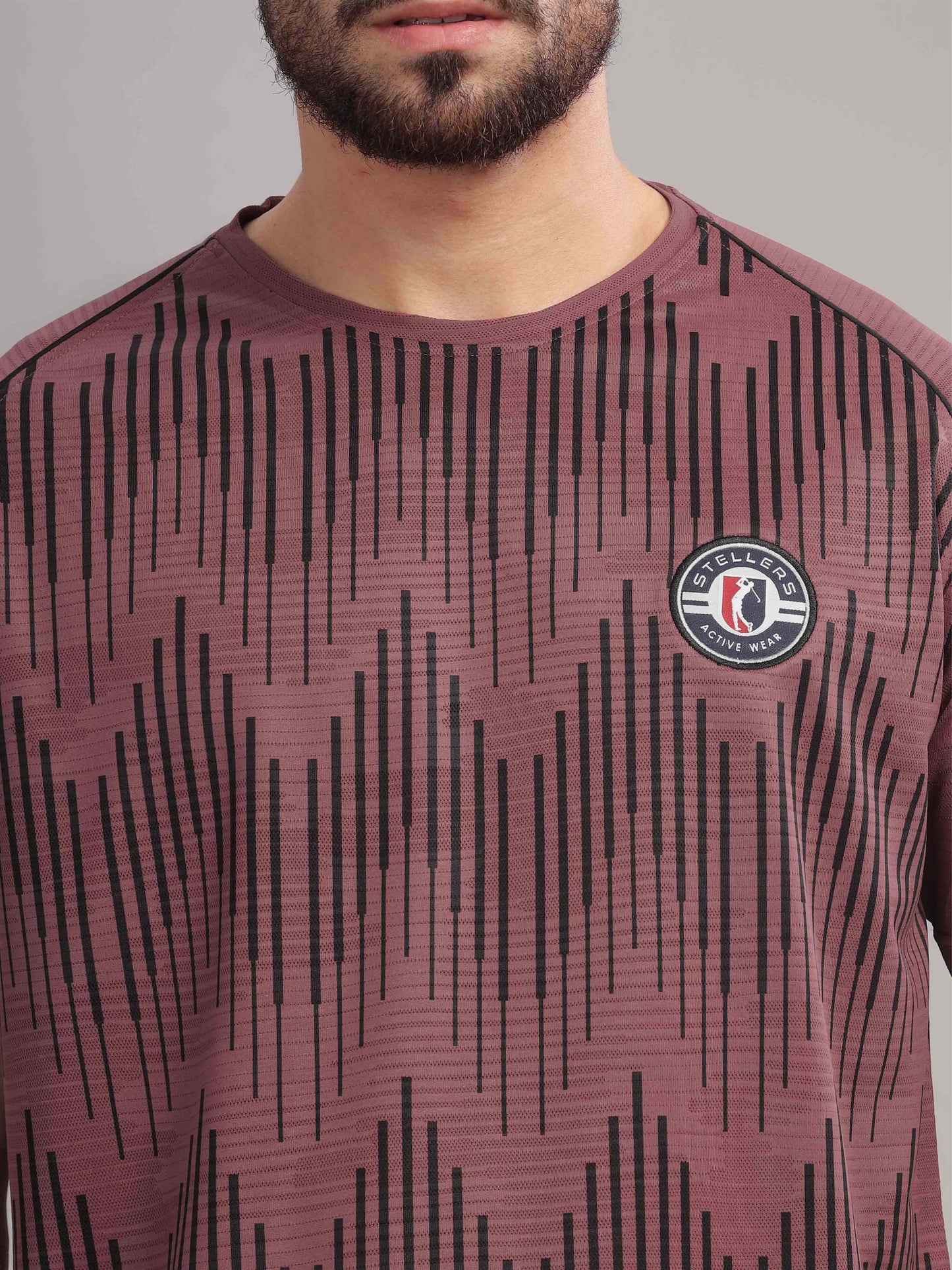 Mauve Mens Printed Round Neck Active Wear T-Shirt