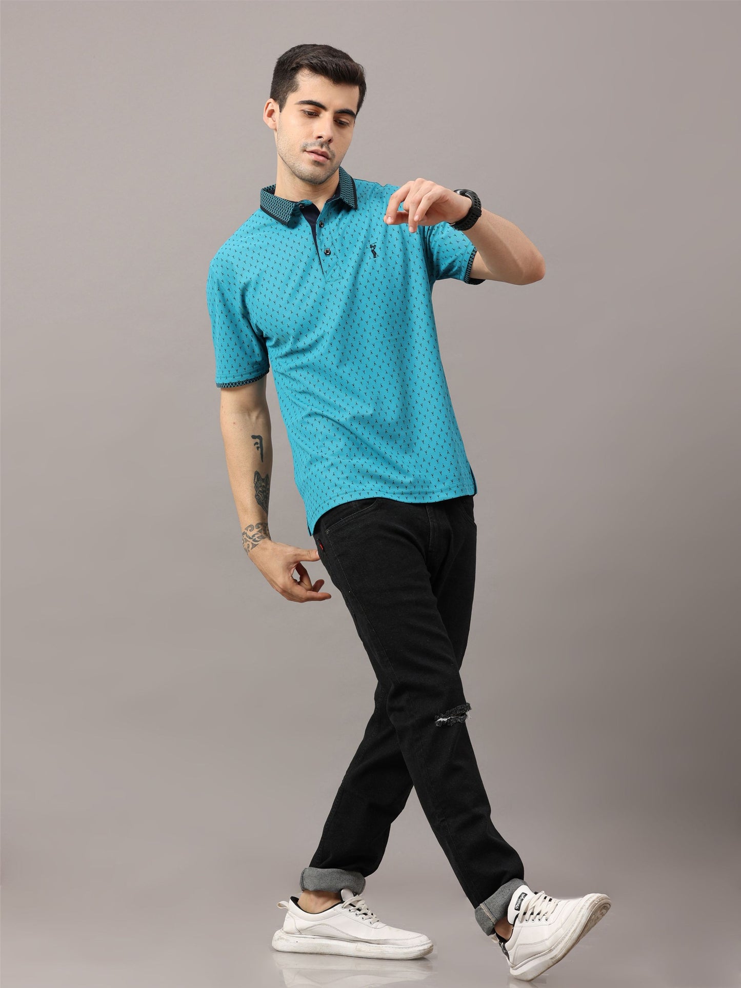 Jade Green Men's Ant Print Golf Polo T-Shirts | Quick Dry | Stretchable | UV Protected | Wrinkle & Odour-Free