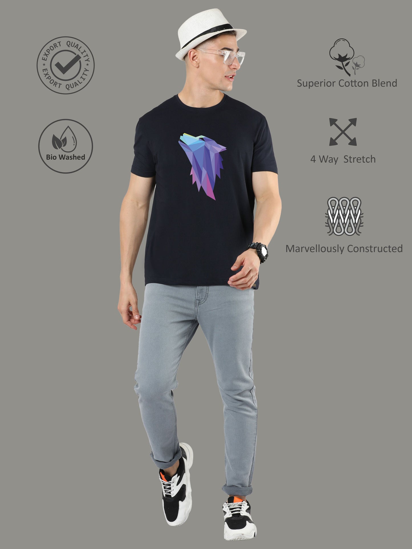 Black Fox Print Men’s Round Neck T Shirts