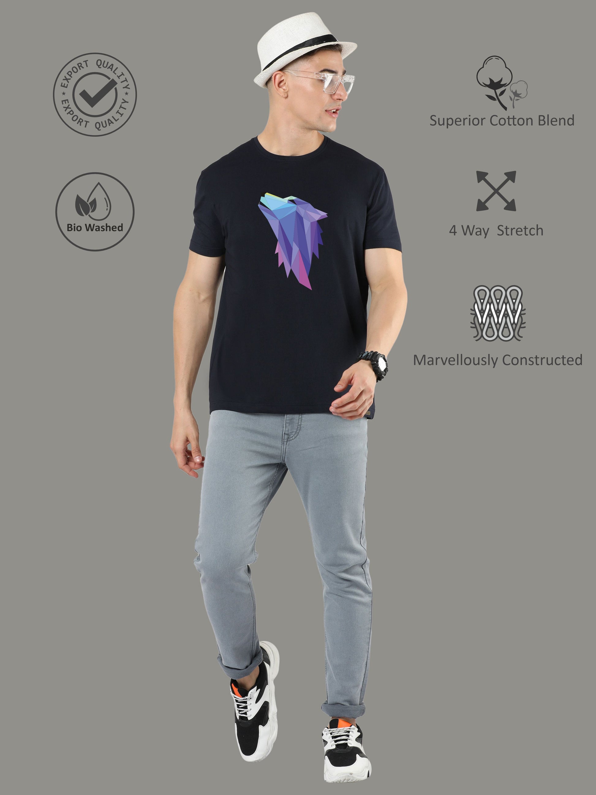 Black Fox Print Men’s Round Neck T Shirts