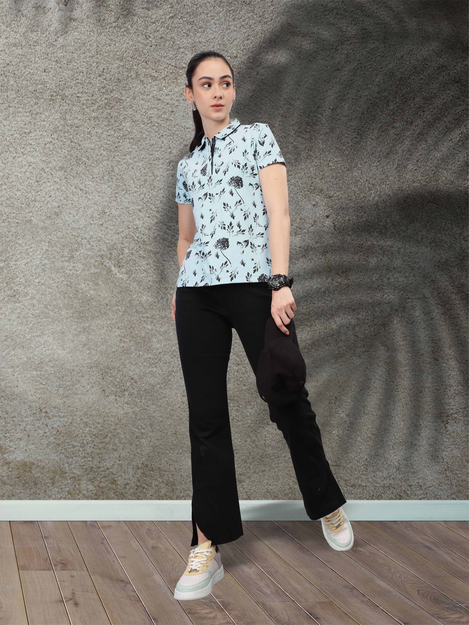 Ice Blue Women's Printed Polo T Shirt