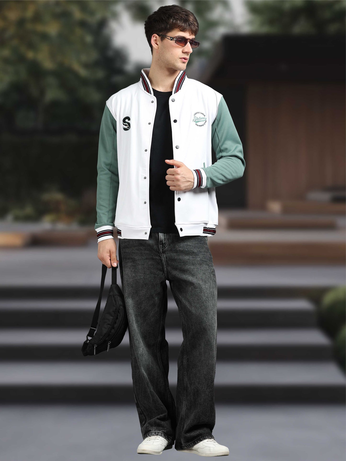 Men Varsity Jacket White & Green | Regular Fit | Feather Touch Feel | Warm |