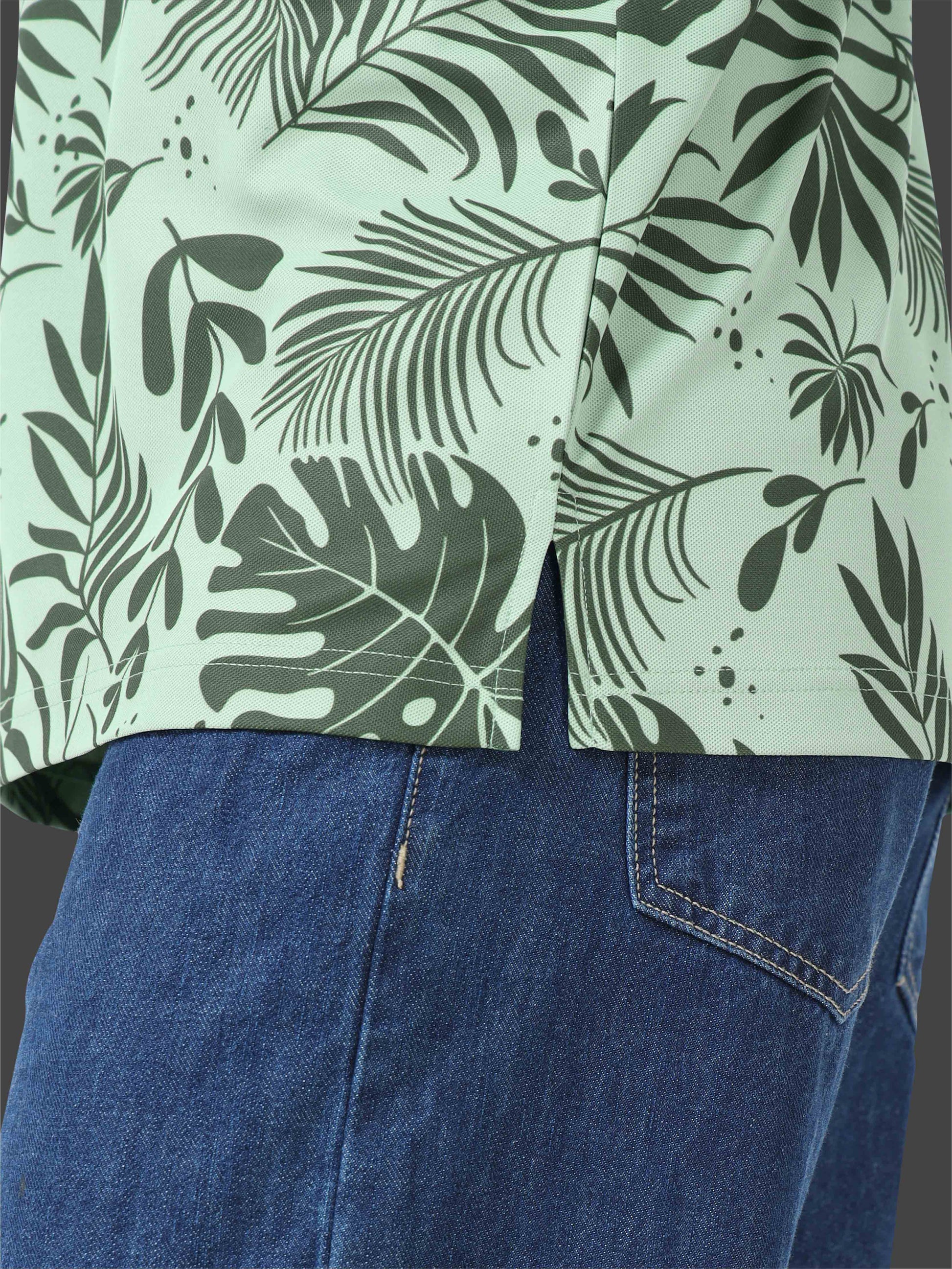 Green Leaf Printed Polo T Shirt for Men 