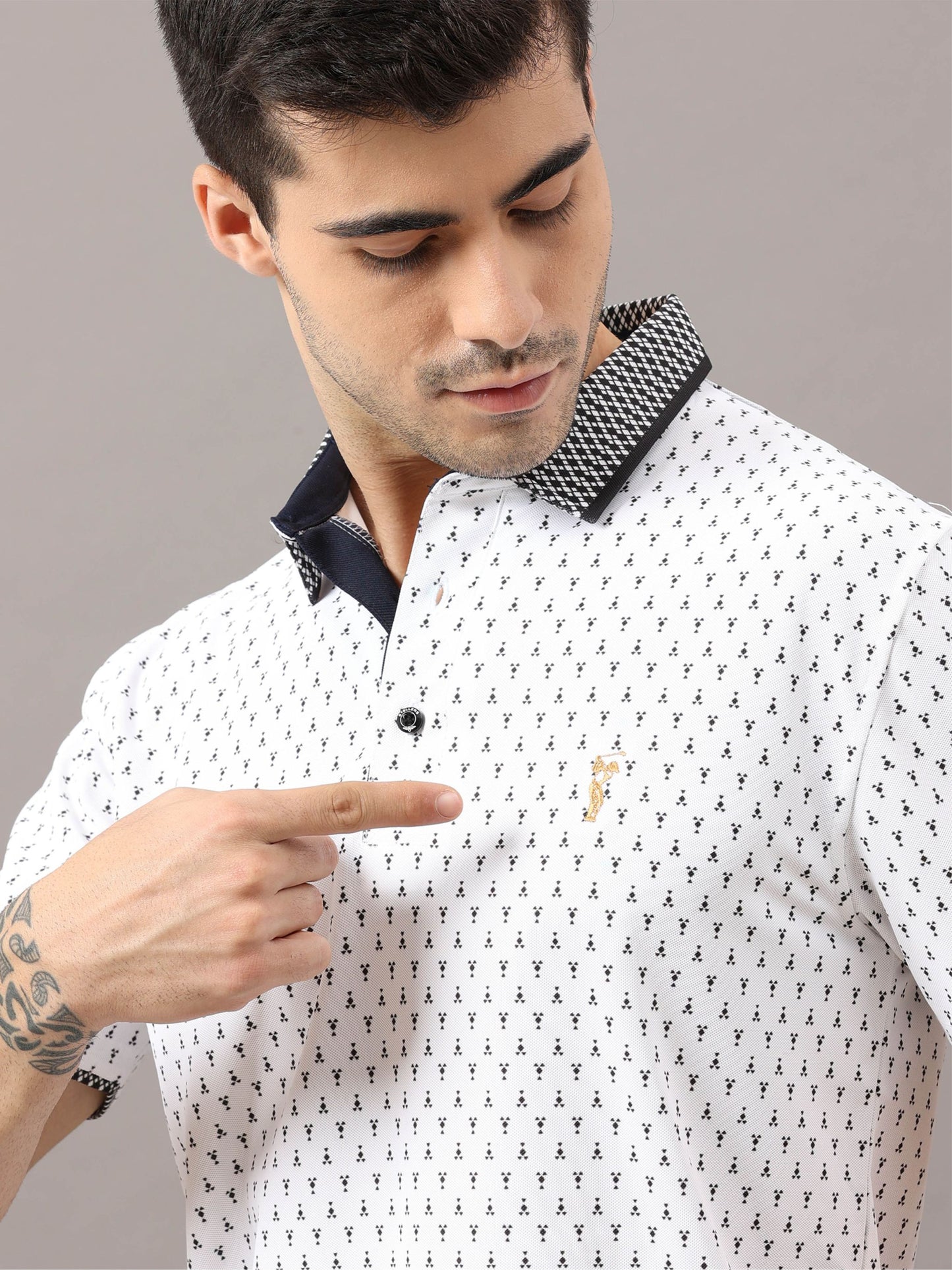 White Men's Ant Print Golf Polo T-Shirt | Quick Dry | Stretchable | UV Protected | Wrinkle & Odour-Free