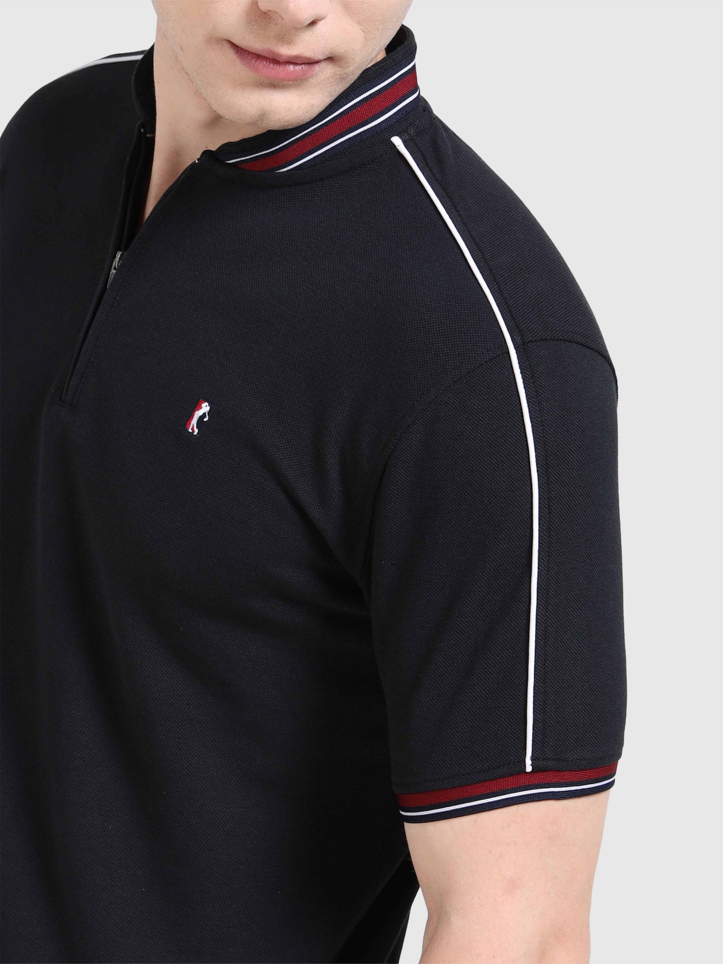 Men Black Chinese Collar Premium Cotton Polo T-shirt  | Stretchable   |  Feather touch feel  |  Sustainable  |  Breathable | Light Weight