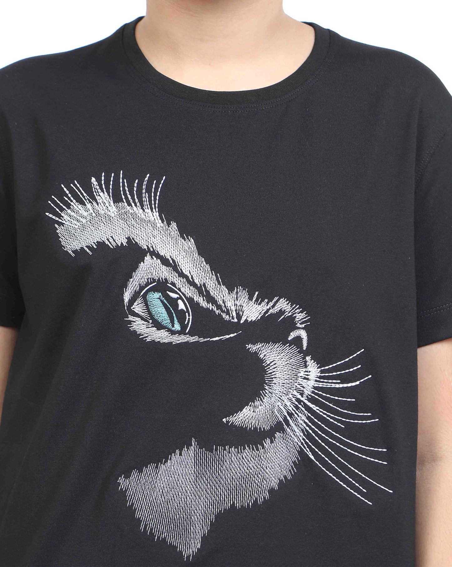 Cat Embroidery Boy's Crew Neck T-Shirt -Black