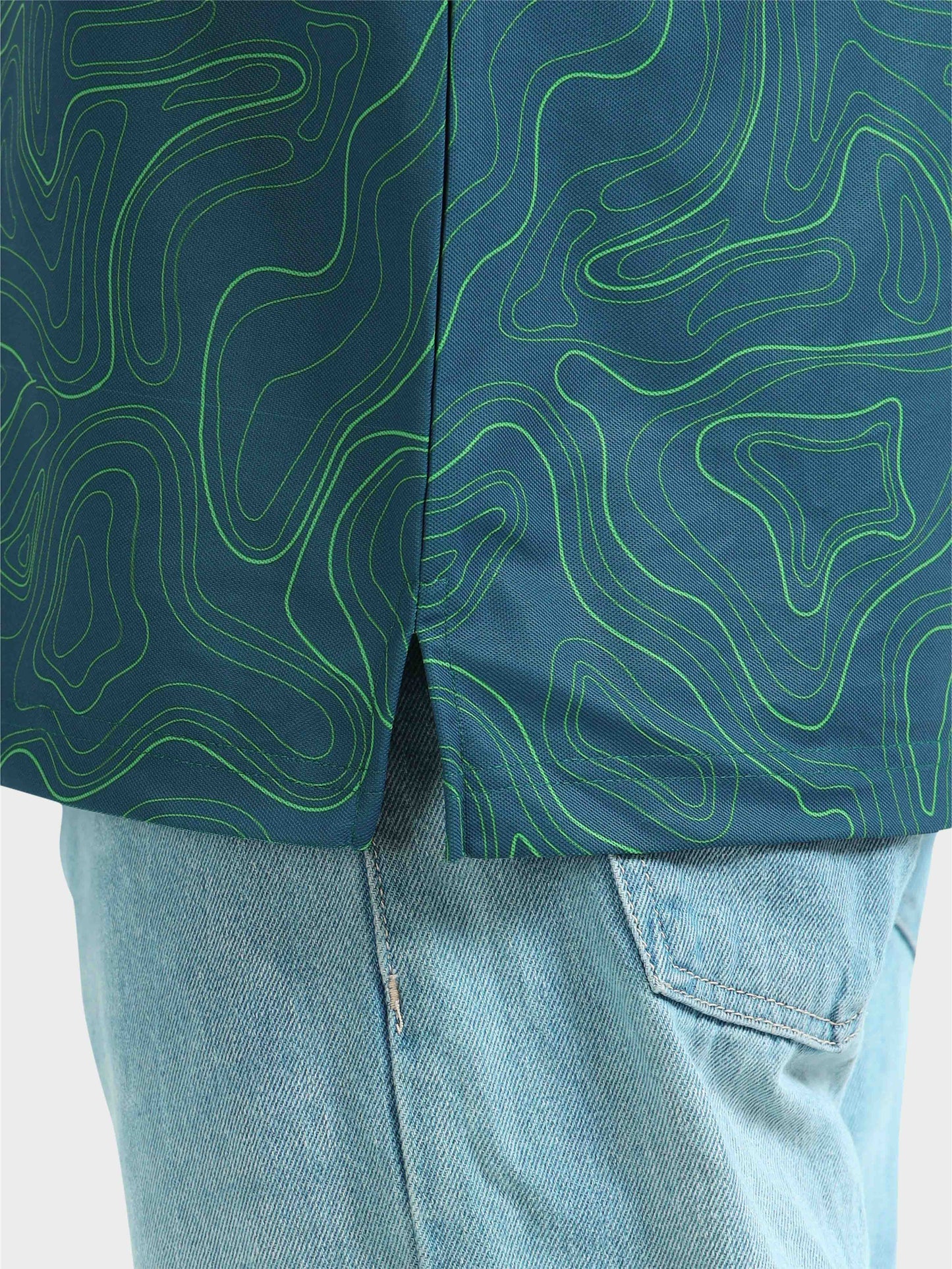 Abstract Teal Blue Printed Polo T Shirt for Men 