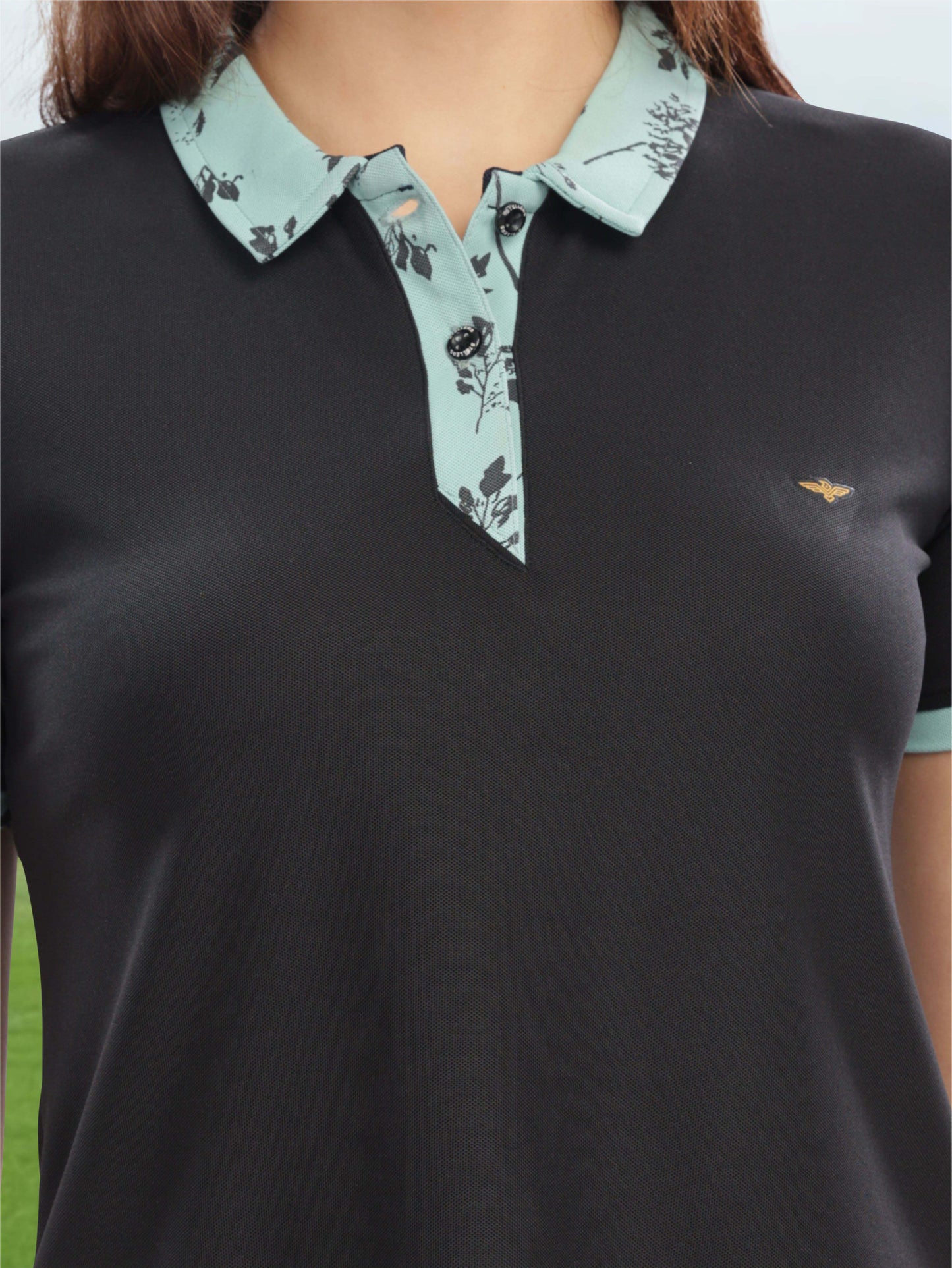 Black Women's Jacquard Polo Collar T Shirt