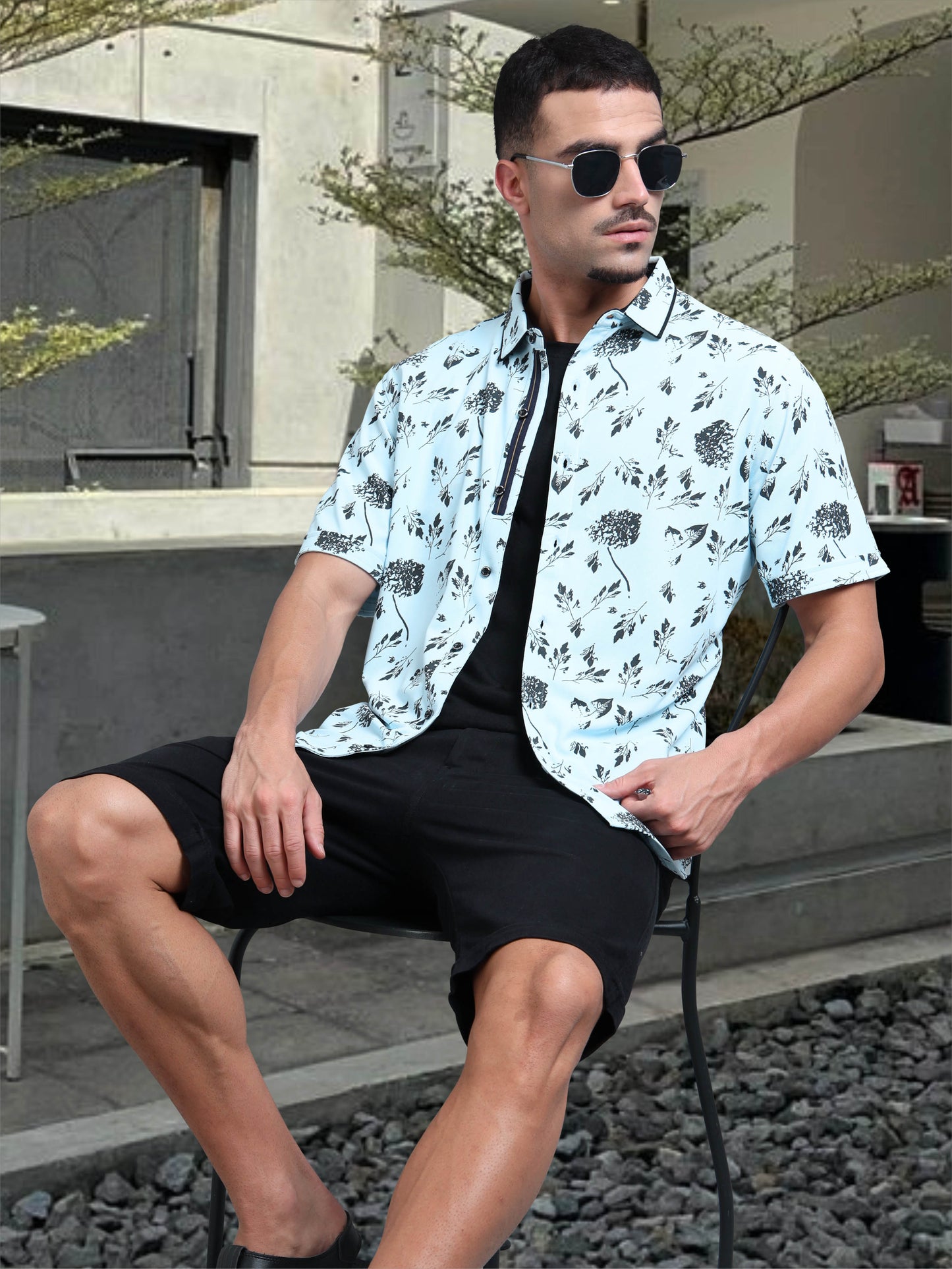 Ice Blue Men's Leaf Printed Half Sleeve Shirts