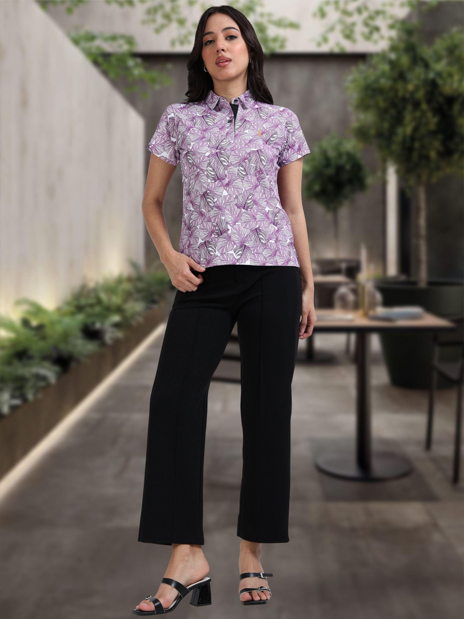 White Monstera Leaf Printed Polo T Shirt for Women