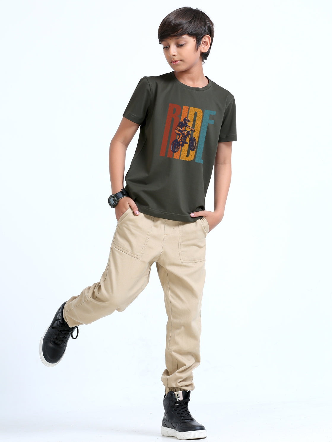 Olive Green Ride Printed Crew Neck T-Shirt