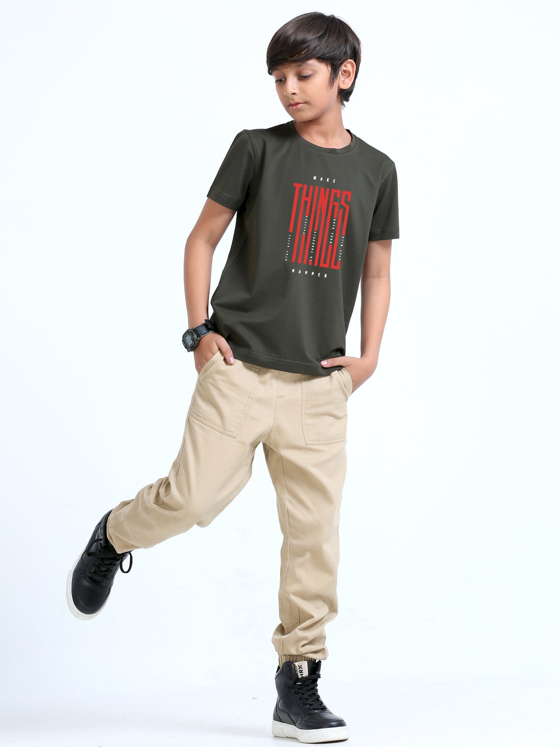 Olive Green-Make Things Printed Crew Neck T-Shirt