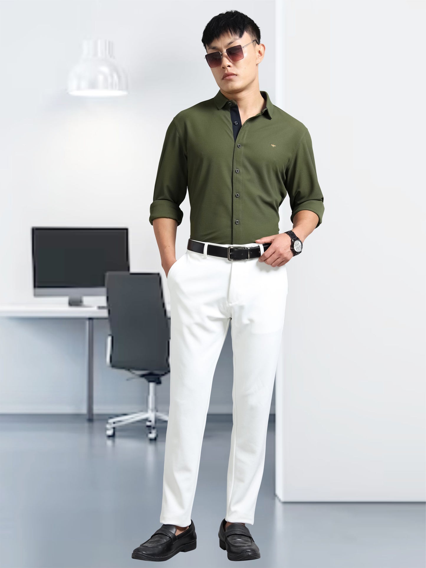 Olive Green Men's Premium Nano-Dry Shirts | Stretchable | Wrinkle-Resistant |