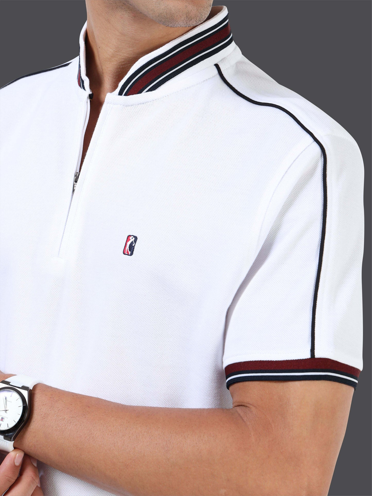 STELLERS Men's Zipper Chinese Collar Polo T-Shirt - White | Premium Cotton | Stretchable | Feather Touch Feel | Breathable | Light Weight