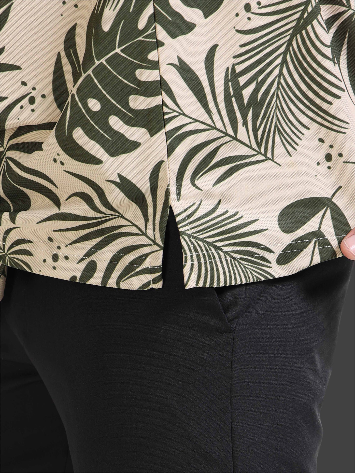 Beige Leaf Printed Polo T Shirt for Men