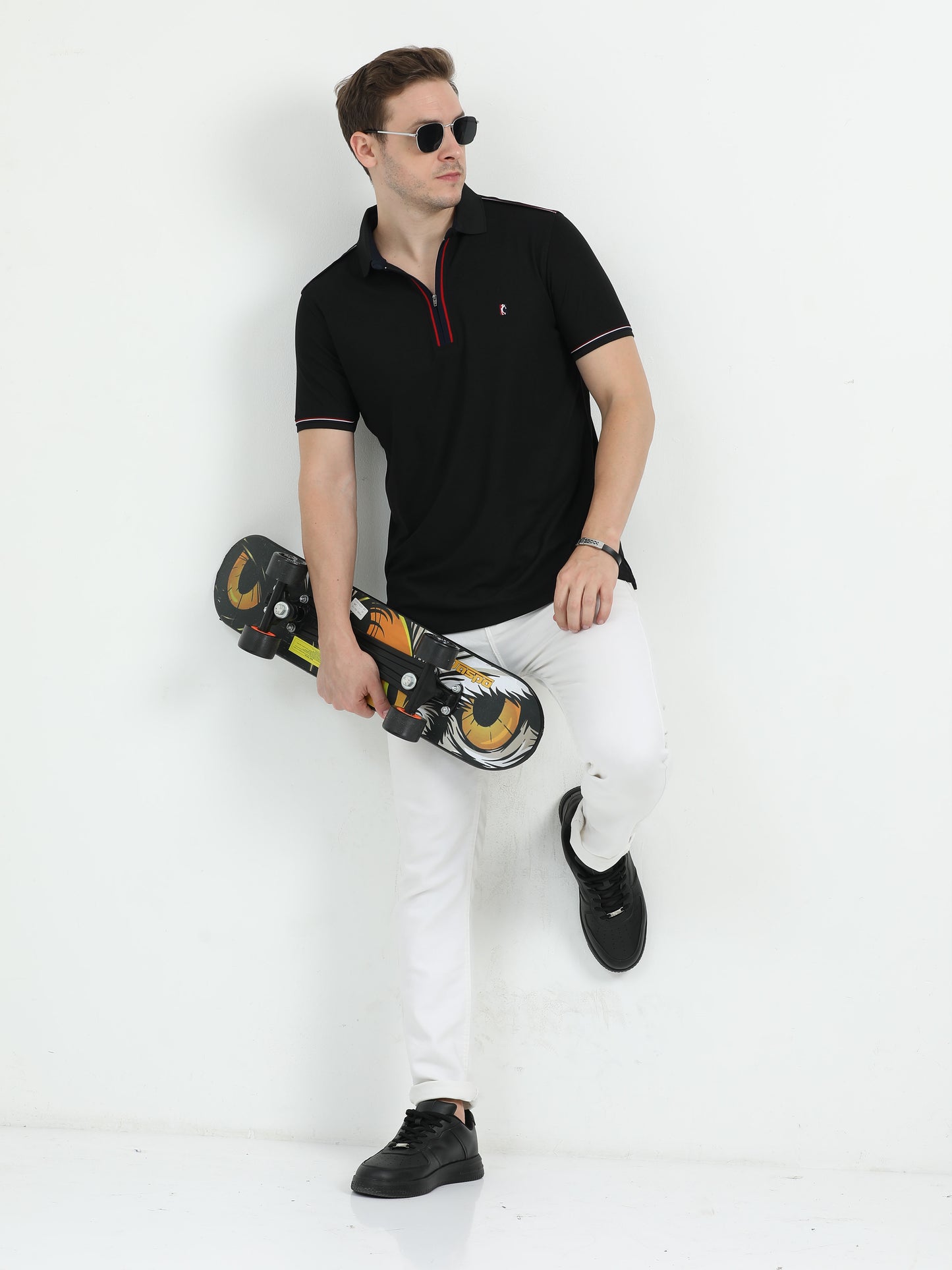 Black Men's Zipper Placket Polo T-Shirt | Quick Dry | Stretchable | UV Protected | Wrinkle & Odour-Free